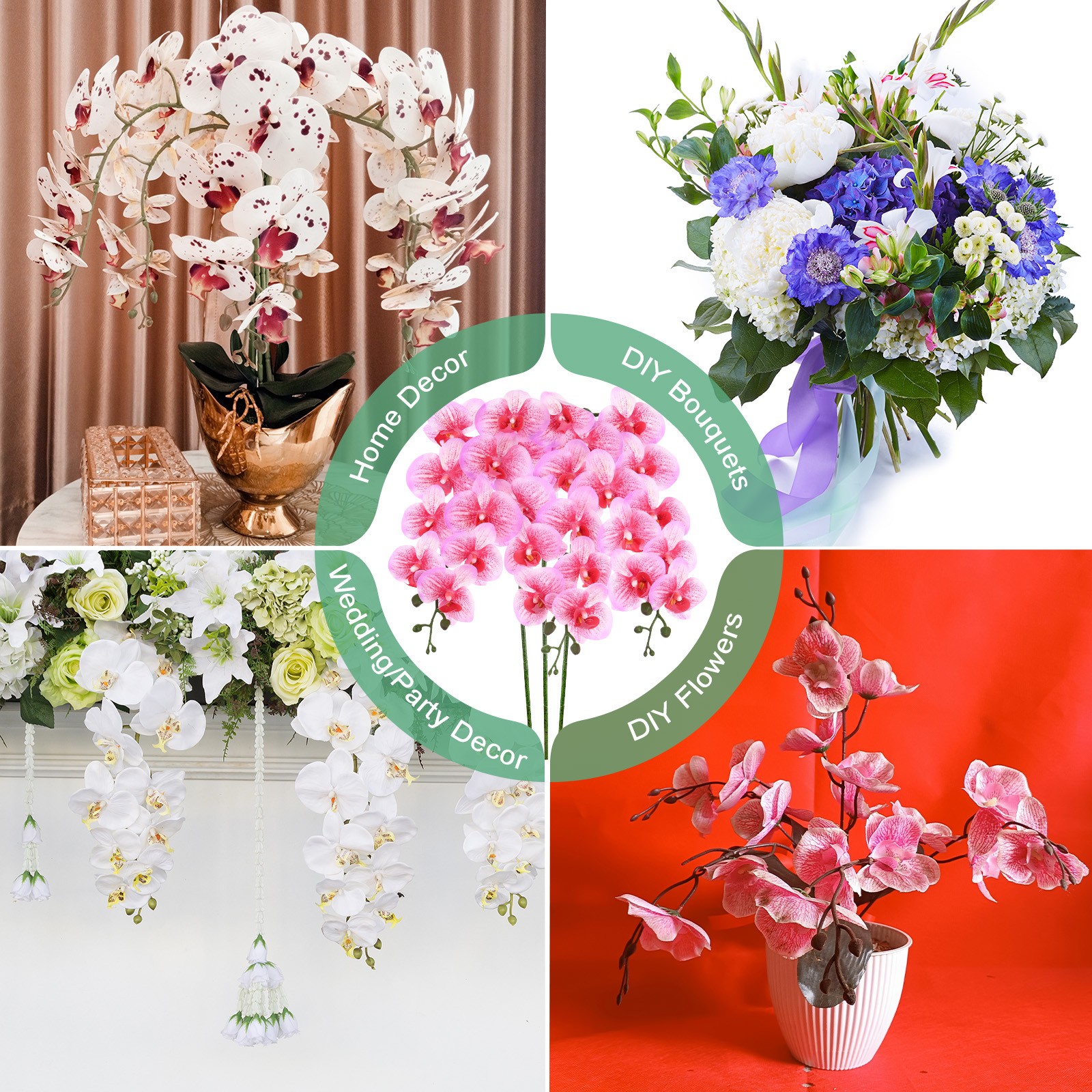 3-Pack Artificial Orchid Flowers 9 Large Petals for Home[Rose Red White]