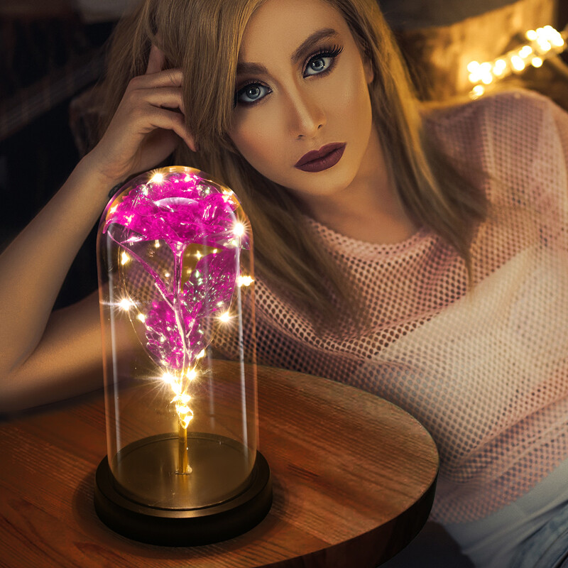 Preserved Eternal Gold Foil Rose In Glass Galaxy Flower Dome LED Light Gift Her