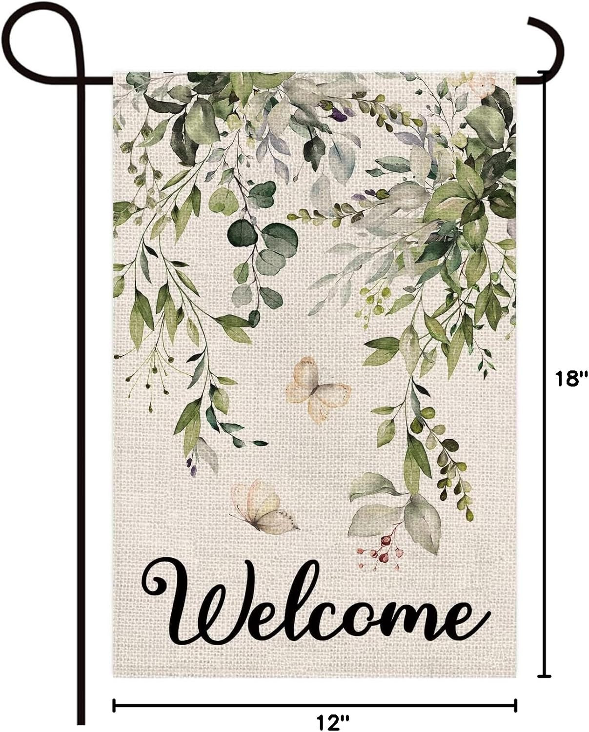 Welcome Green Plants Floral Butterfly Decoration Double Sided Burlap Garden Flag
