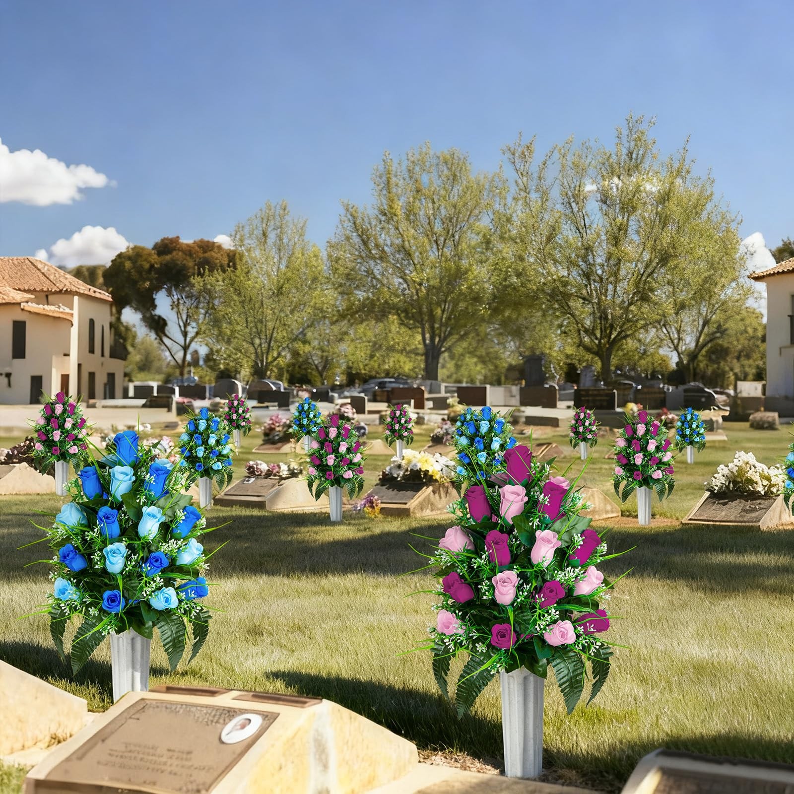 Artificial Cemetery Flowers – Set of 2 Grave Memorial Rose Flowers with Vase …