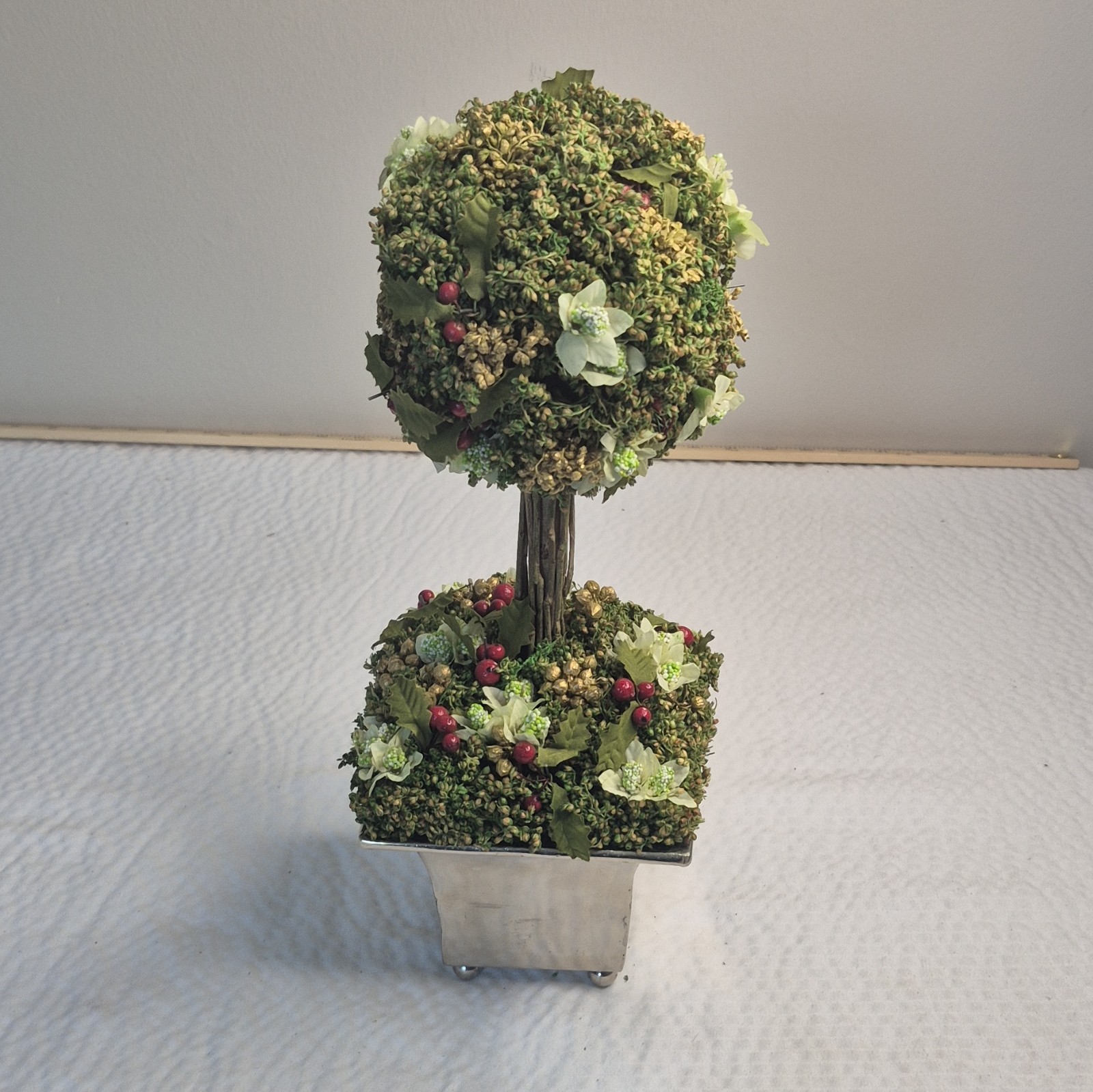 Artificial Double Ball Topiary in Silver Metal Planter Pot 11 in
