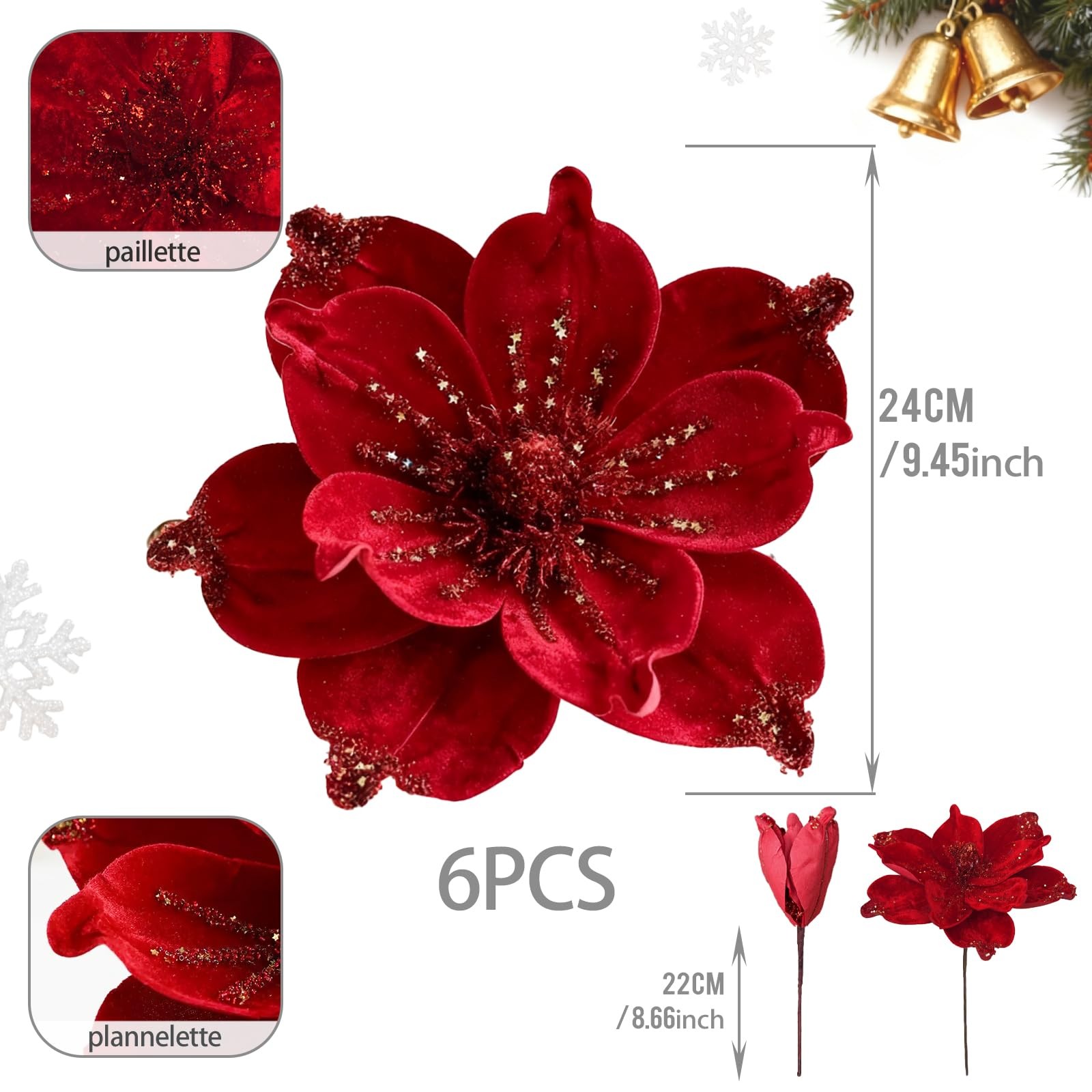 Magnolia Glitter Flowers 6PCS Single Stem Christmas Flowers for Home Table Fe…