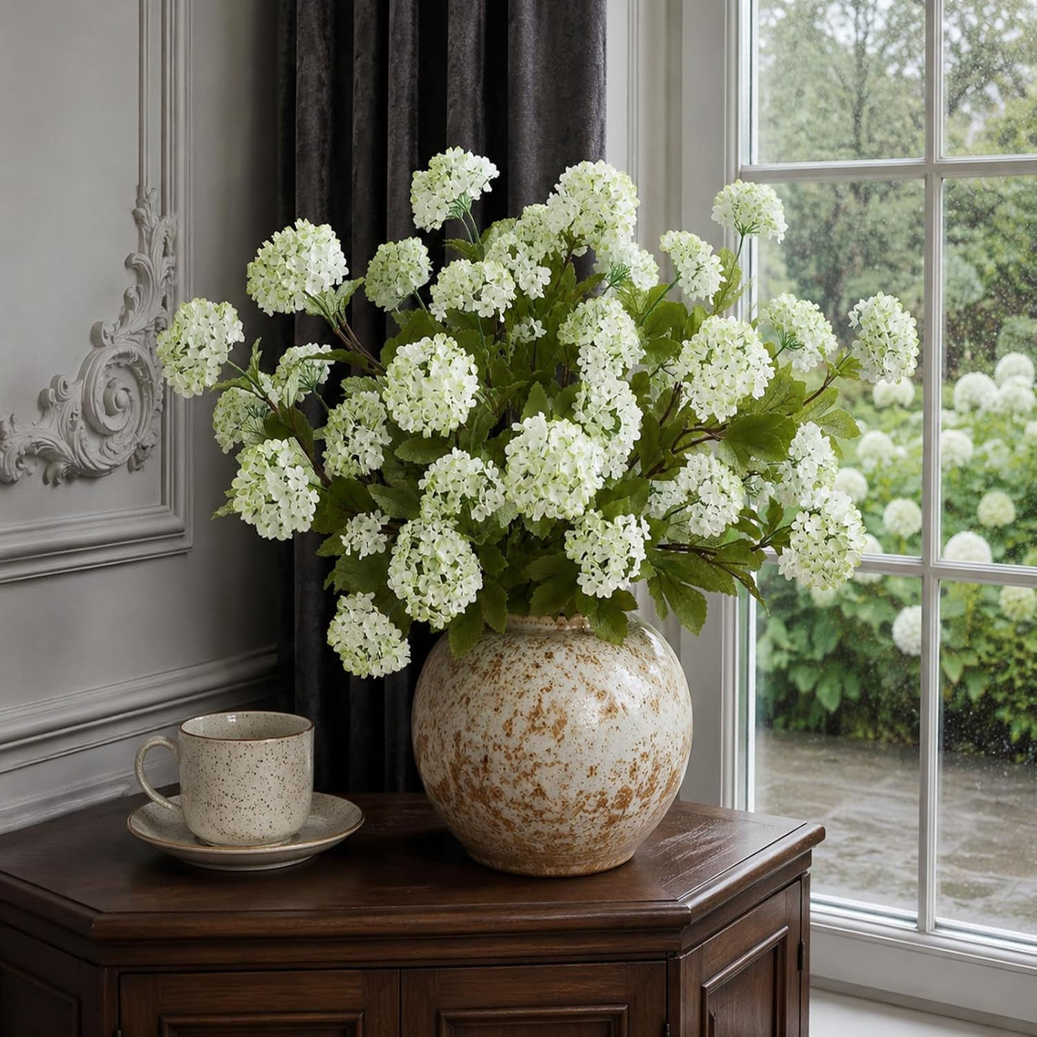 28″ Faux Hydrangea Flowers – 6 Pcs White-Green Silk Stems for Home Decor