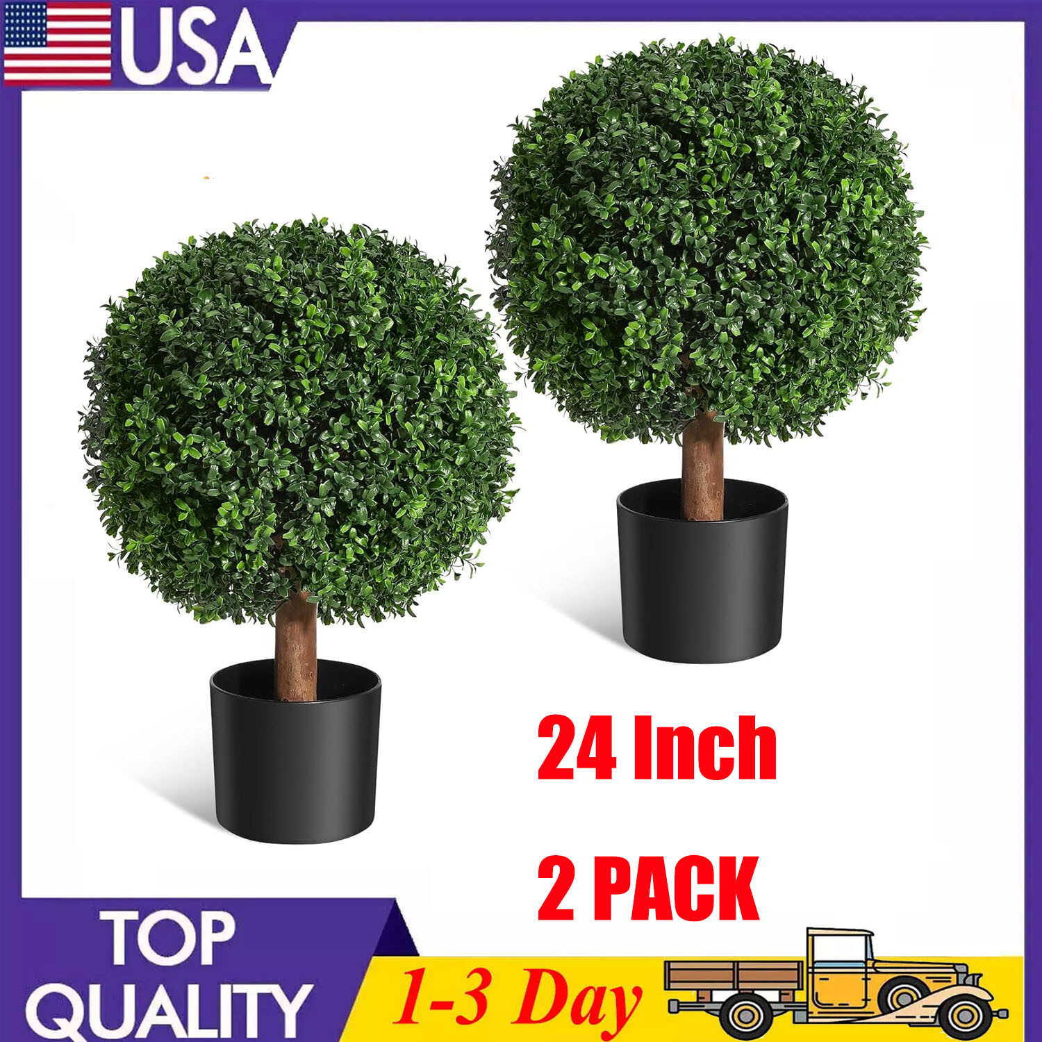 24 Inch Artificial Topiary Boxwood Ball Trees, Set of 2 Plants with 6″ x 5″ Pot
