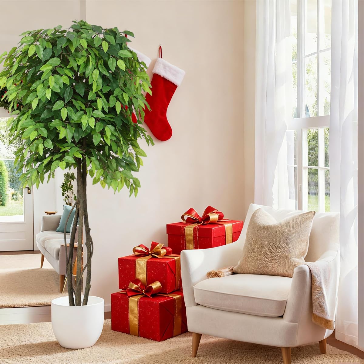 5ft Artificial Ficus Trees for Home Indoor Decor,Faux Banyan Plant with Nearl…