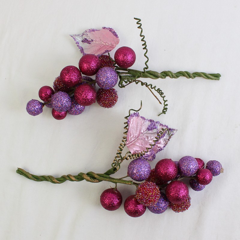 Lot of 2 Clusters of Glitter-Coated Berry Stems Purple and Red 10″ Tall
