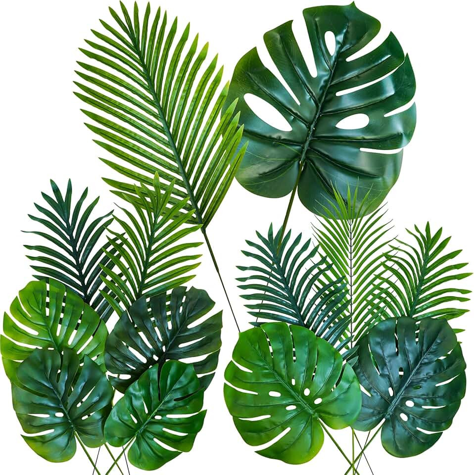 13 Pcs Tropical Faux Monstera and Palm Leaves Set Luau Wedding Decor