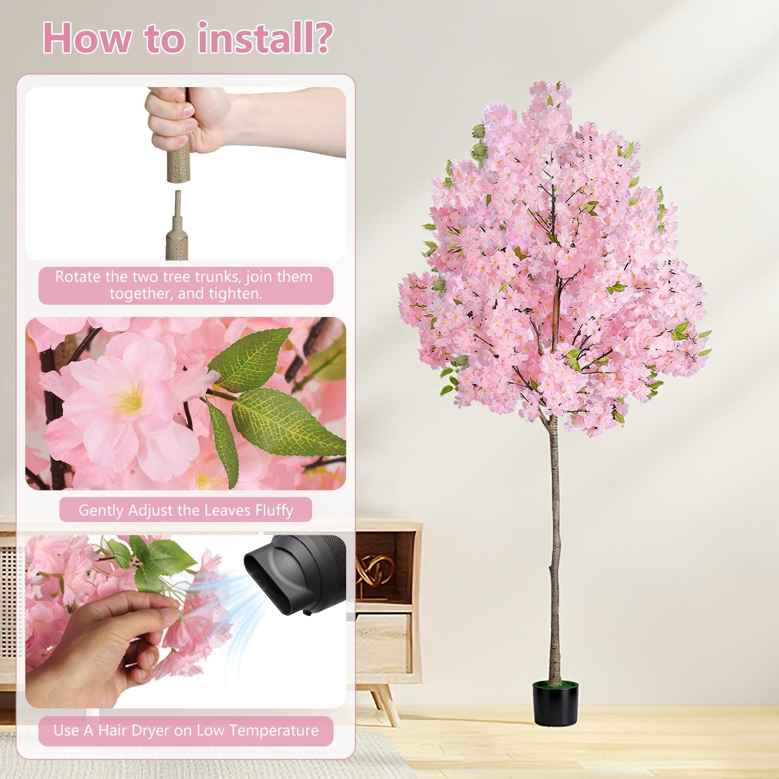 6FT Pink Cherry Blossom Tree – Realistic Faux Sakura for Indoor Outdoor Decor, W