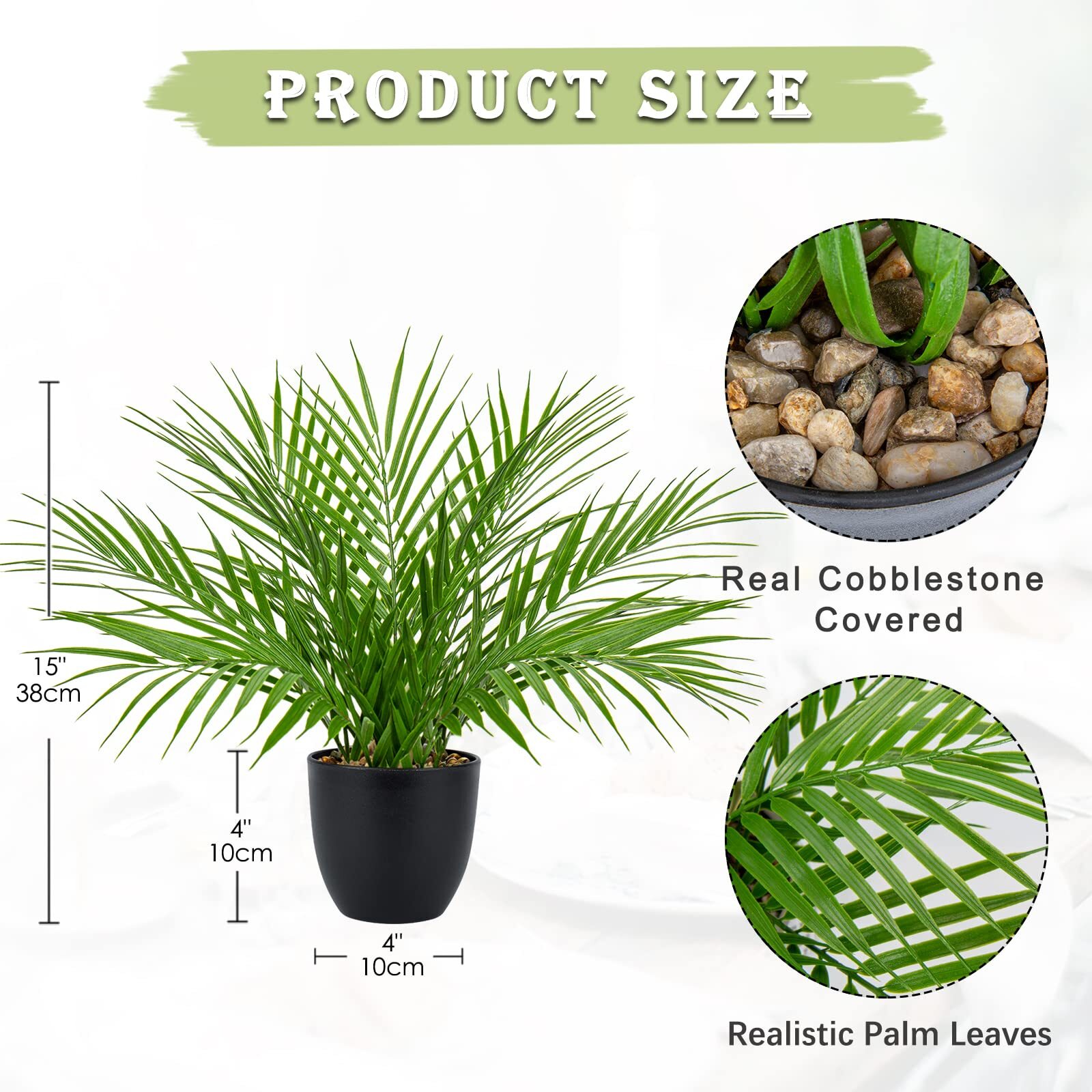 Artificial Palm Plant 15″ Black Pot Realistic Faux Tropical Houseplant