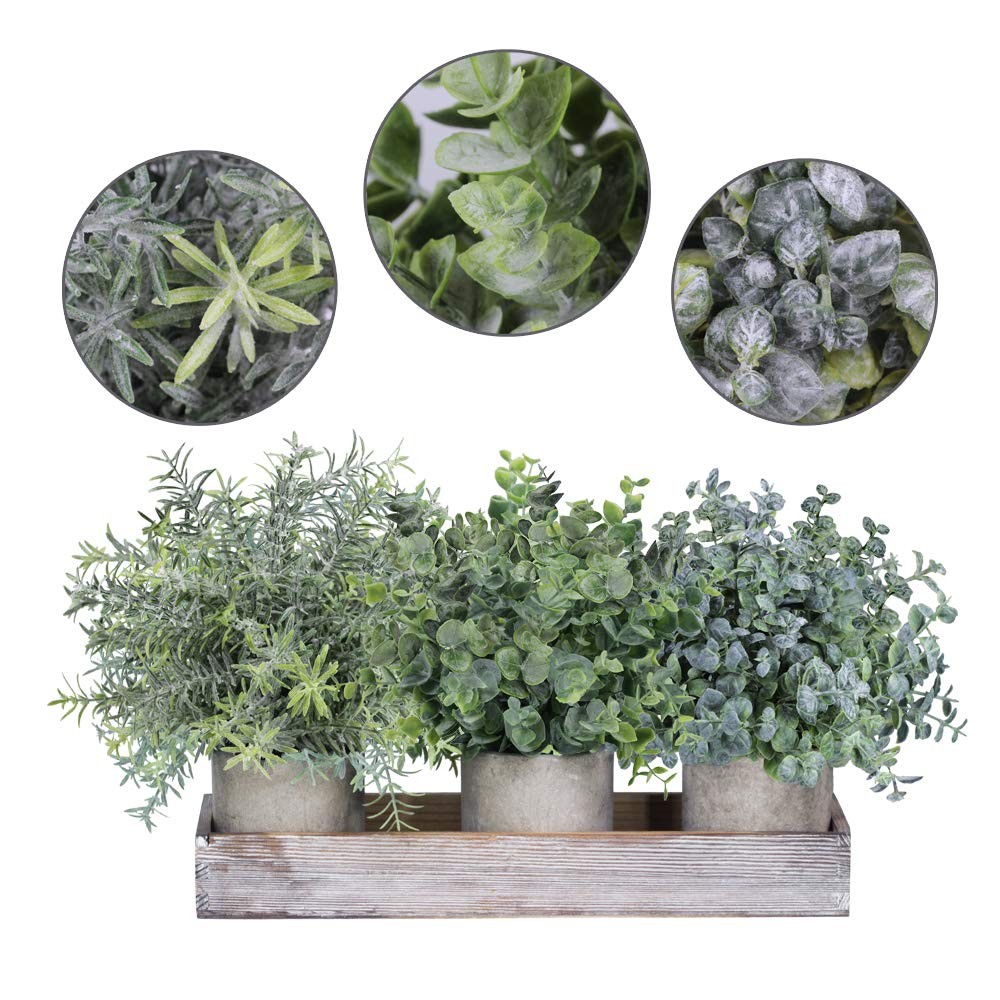 3 PCS Mini Potted Artificial Eucalyptus Faux Rosemary Wood Planter 8.7″