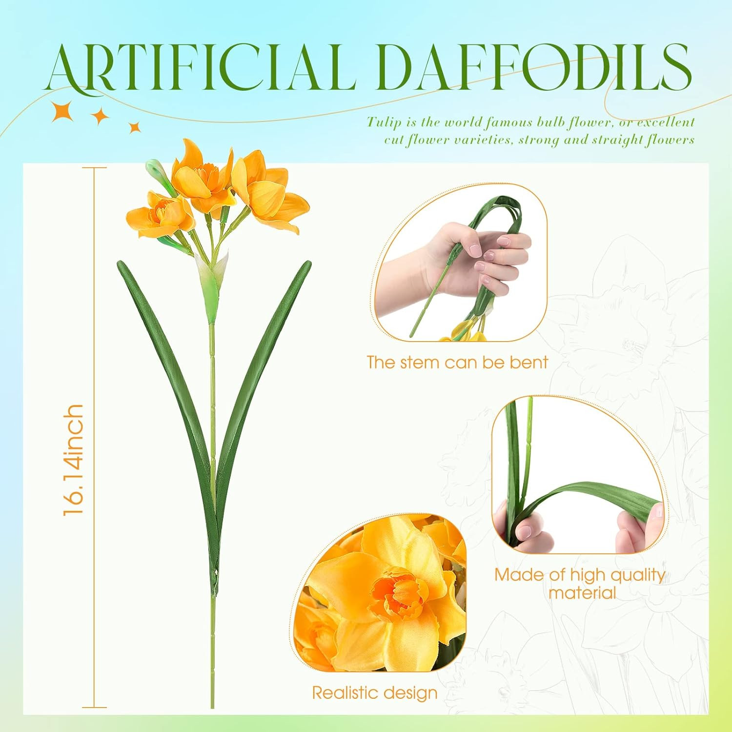 30 Pcs Artificial Daffodils, 16.4 Inch Narcissus Faux Flowers for Indoor & Outdo