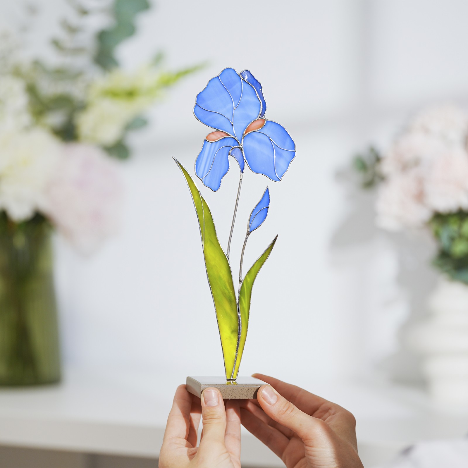Iris Stained Glass Plant Decor – Faux Flower Table Art Gift for Her
