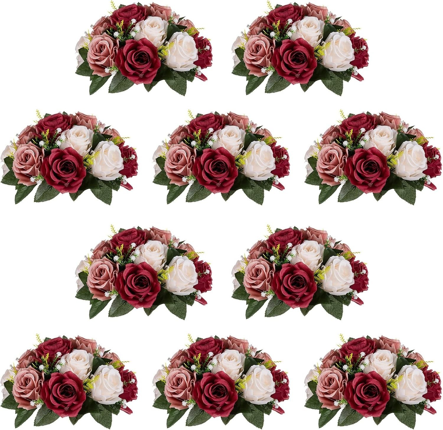 Faux Silk Rose Balls Set – 10 Pcs Burgundy & White
