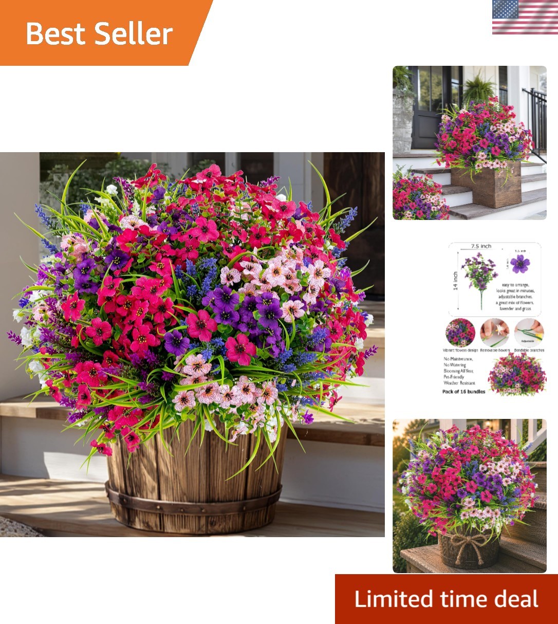 Vibrant UV Protected Faux Flowers – 16 Bundles for Elegant Outdoor Spaces