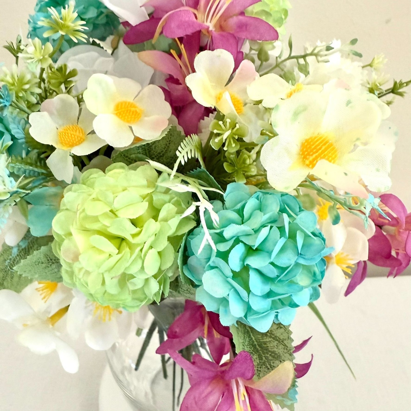 Handcrafted Floral Centerpiece Arrangement Clear Hourglass Vase Upcycled Decor