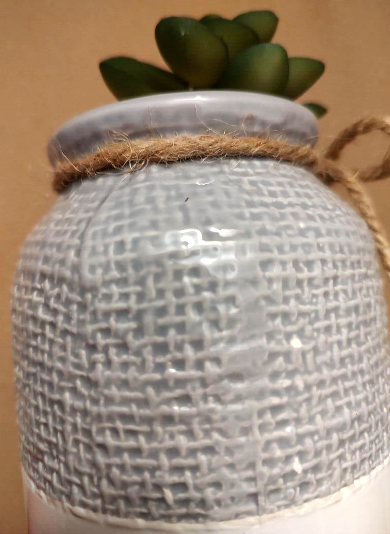 Rustic Ceramic Succulent Vase Jute Bow Textured Gray & White Planter Home Decor