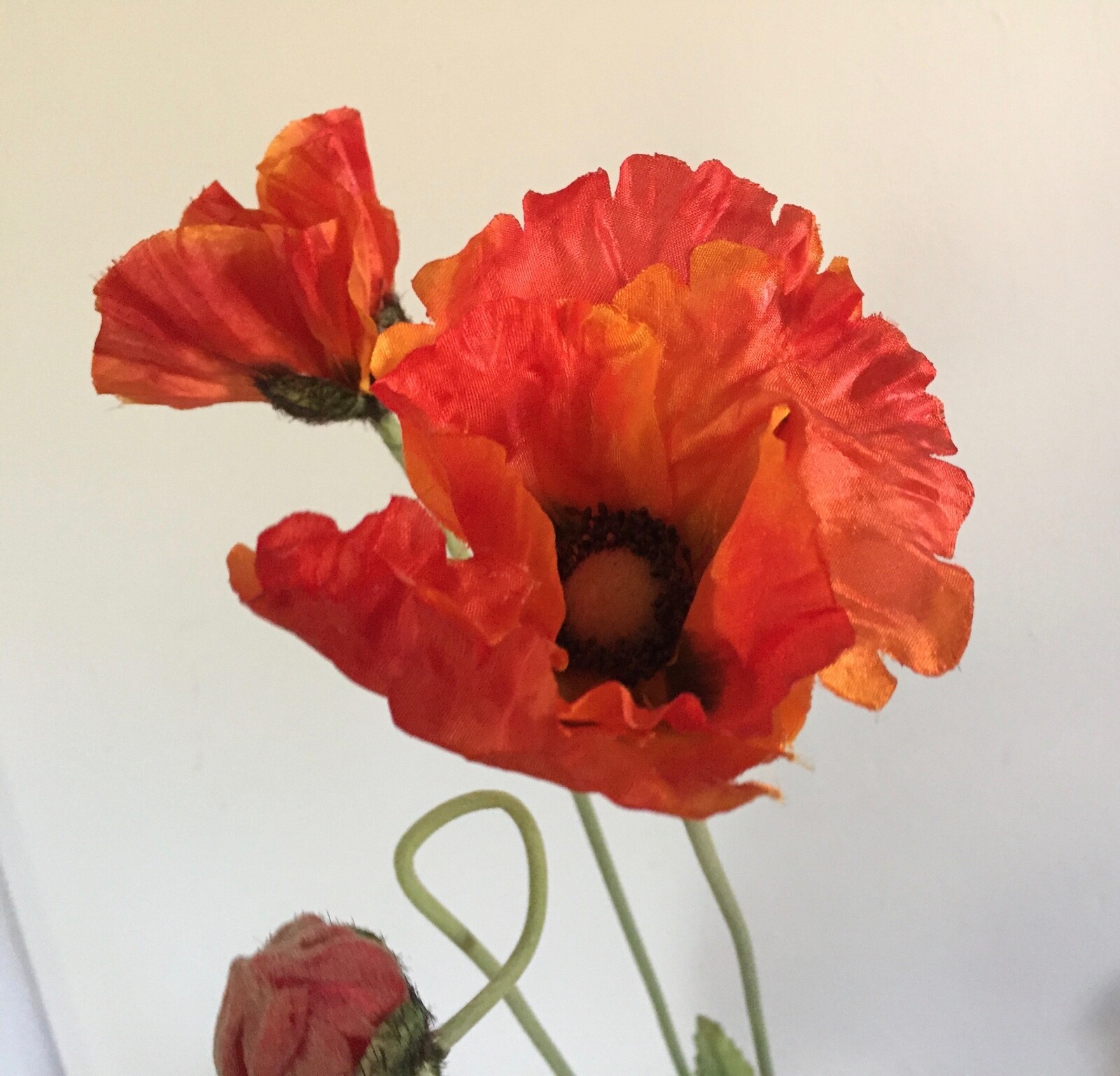 Vintage Fabric Flower or Artificial Plant in Terra Cotta Pot Red Poppy