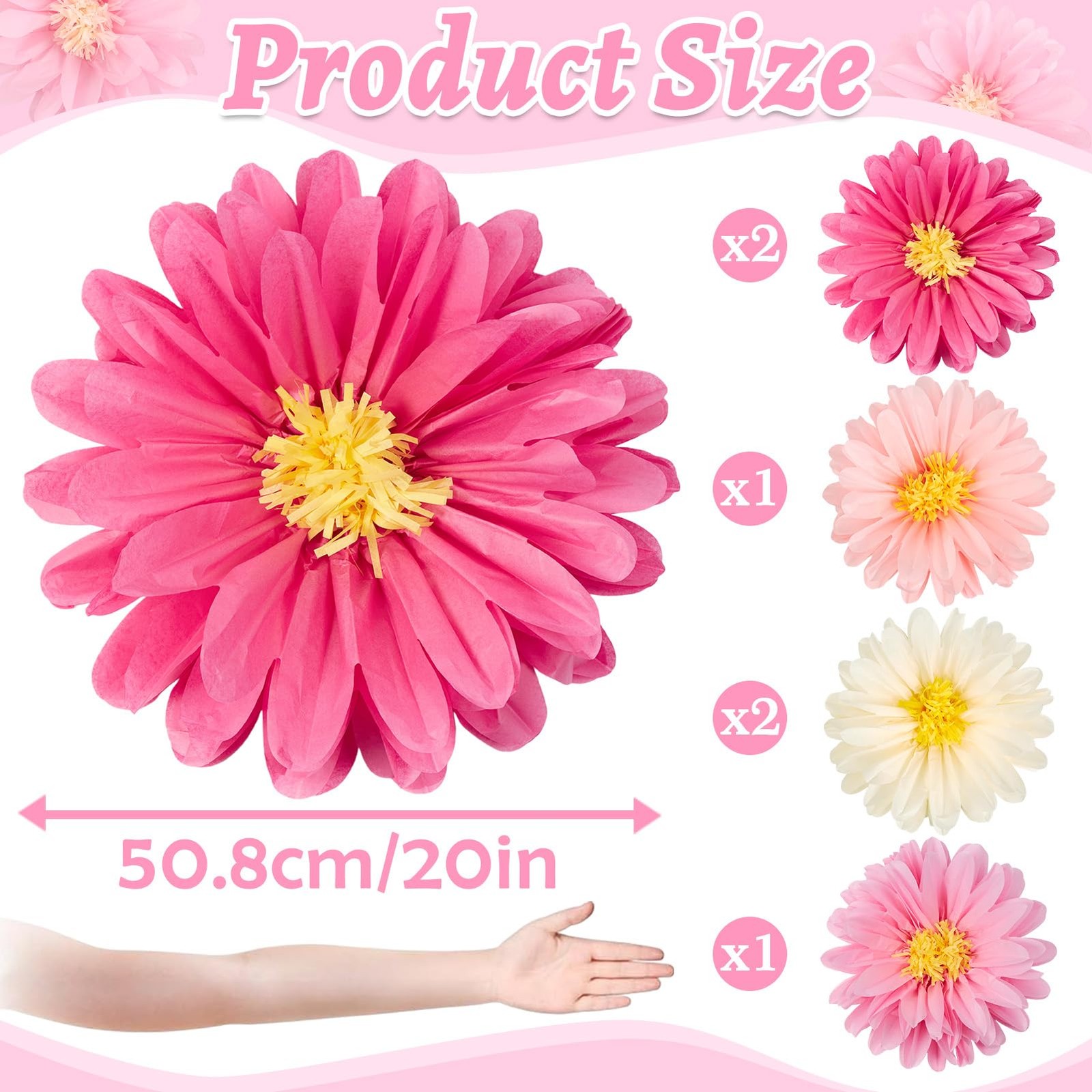 Pink Large Tissue Paper Flowers Party Decorations Birthday Backdrop 20 Inch 6PCS