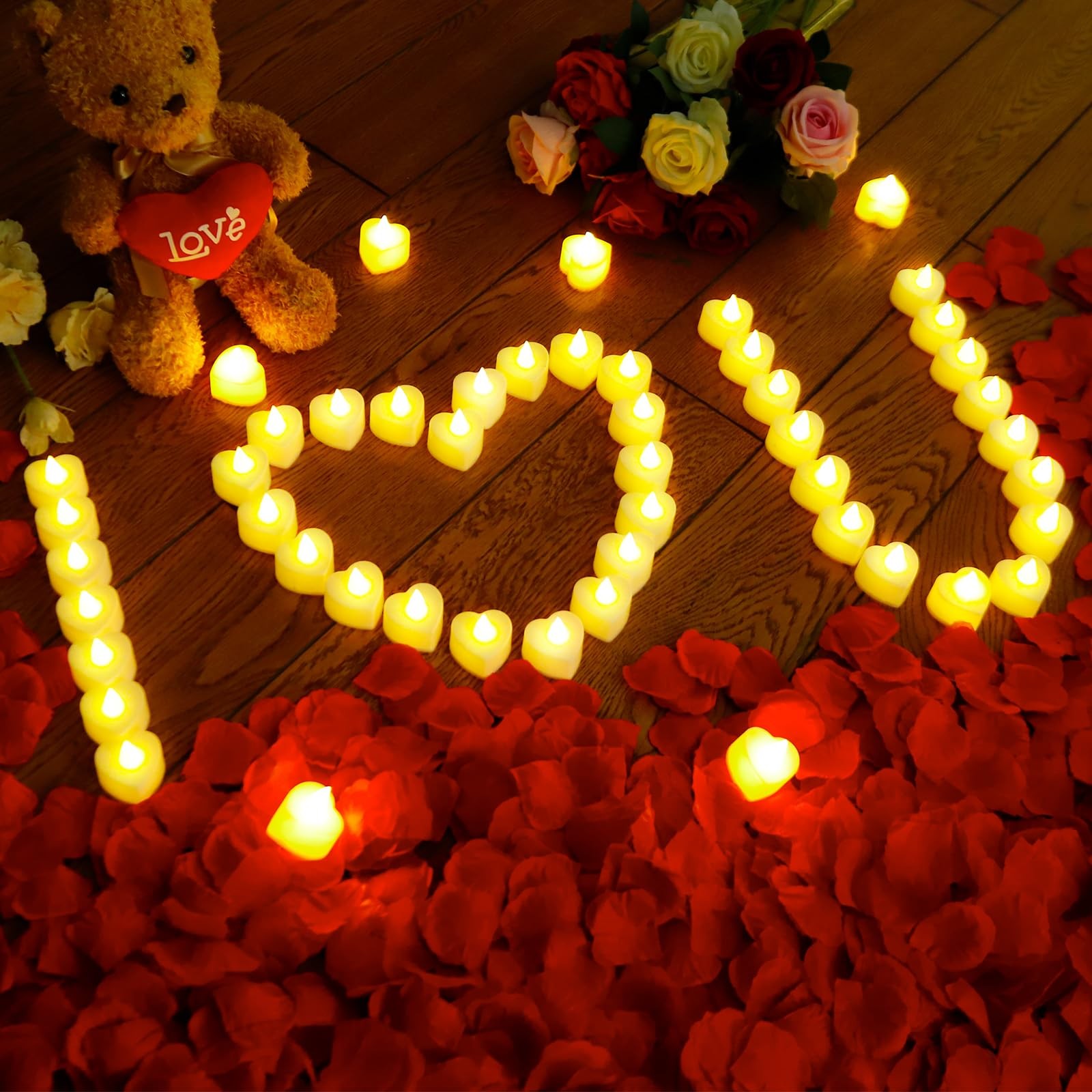 7000 Pieces Artificial Rose Petals with 72 Pieces Romantic Heart Led Tealight…