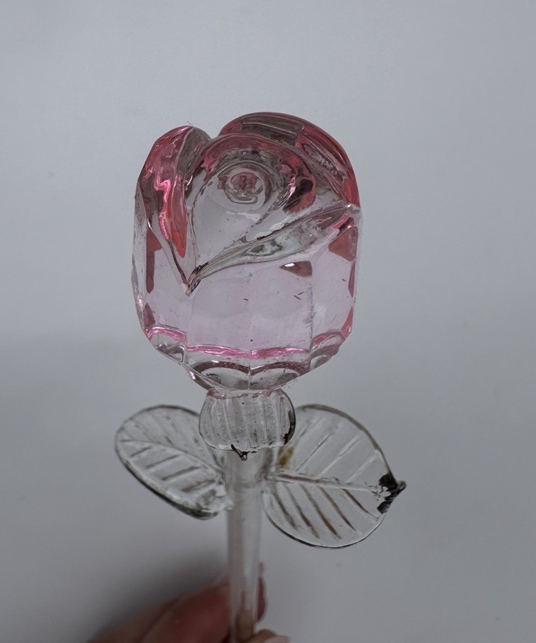 9” Pink Crystal Glass Rose Figurine Closed Bud Long Stem Flower Sculpture