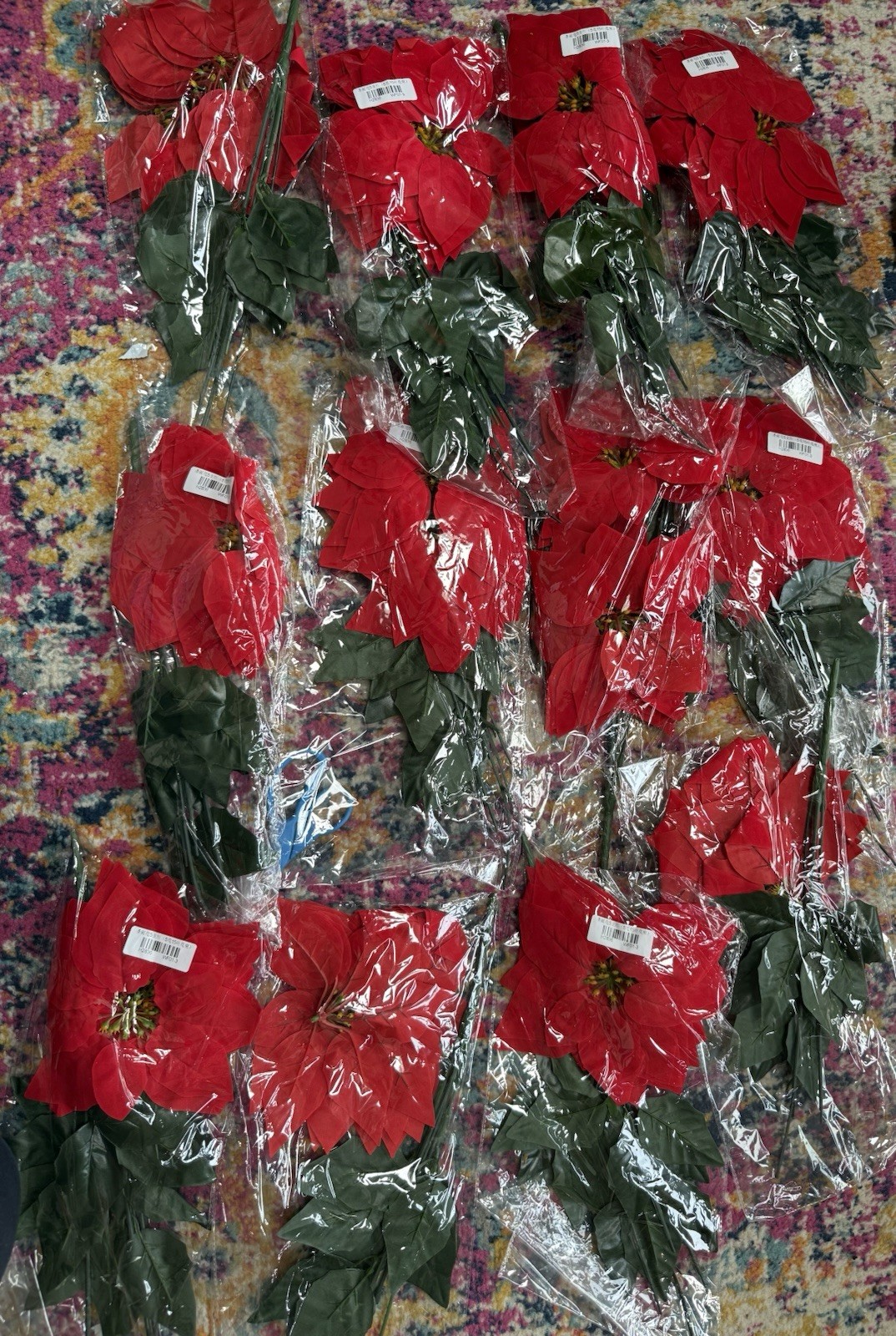 12 Pack Artificial Red Poinsettia Flowers Picks 16.5” Velvet Floral Stems