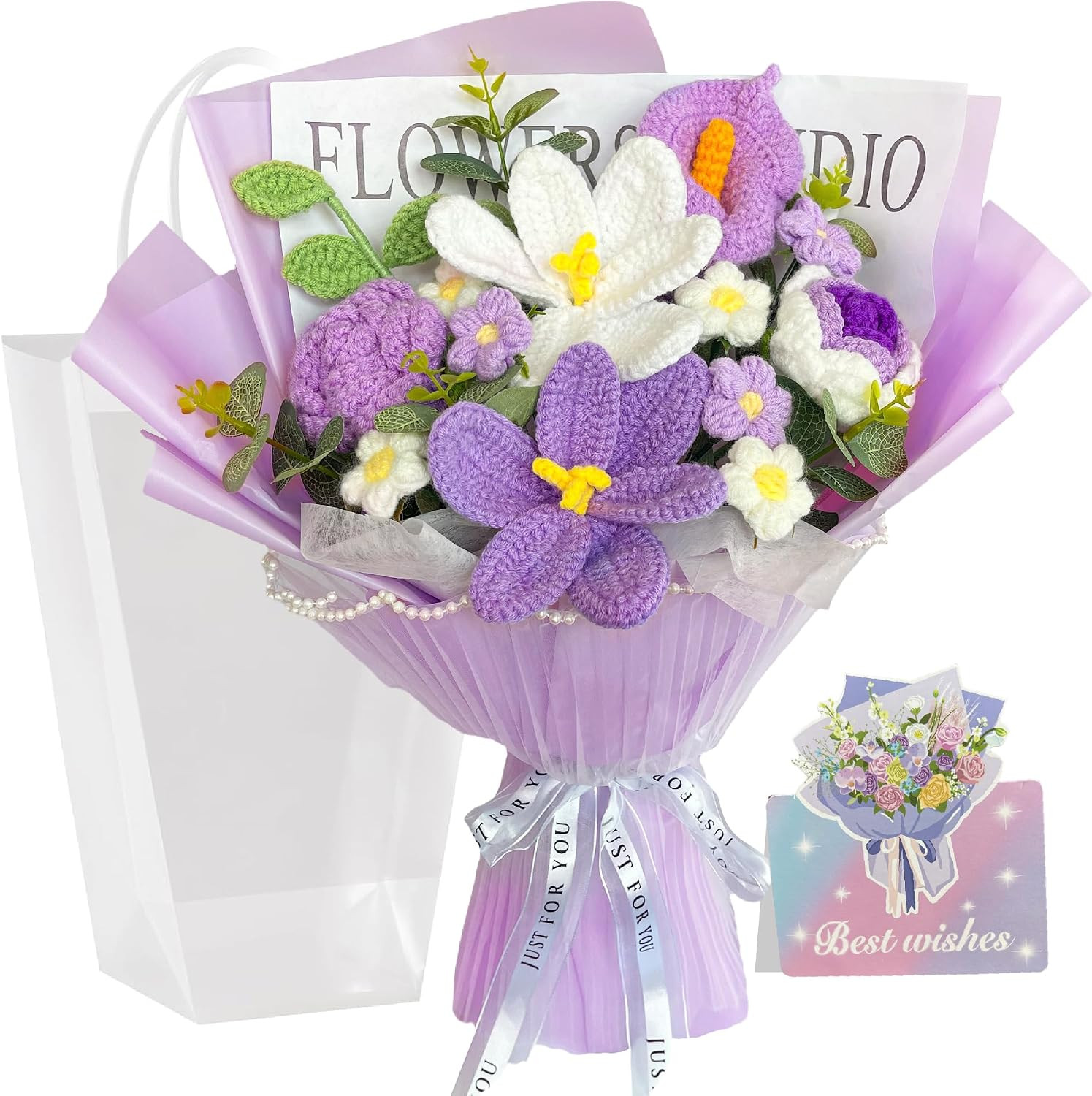 Crochet Flower Bouquet, Purple Handmade Knitted Flower, Crochet Rose Tulips Call