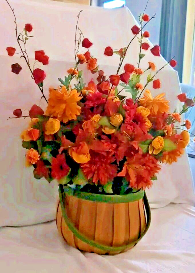 Large Fall Floral Arrangement Centerpiece In Rustic Wood Basket 33″ H X 20″ W