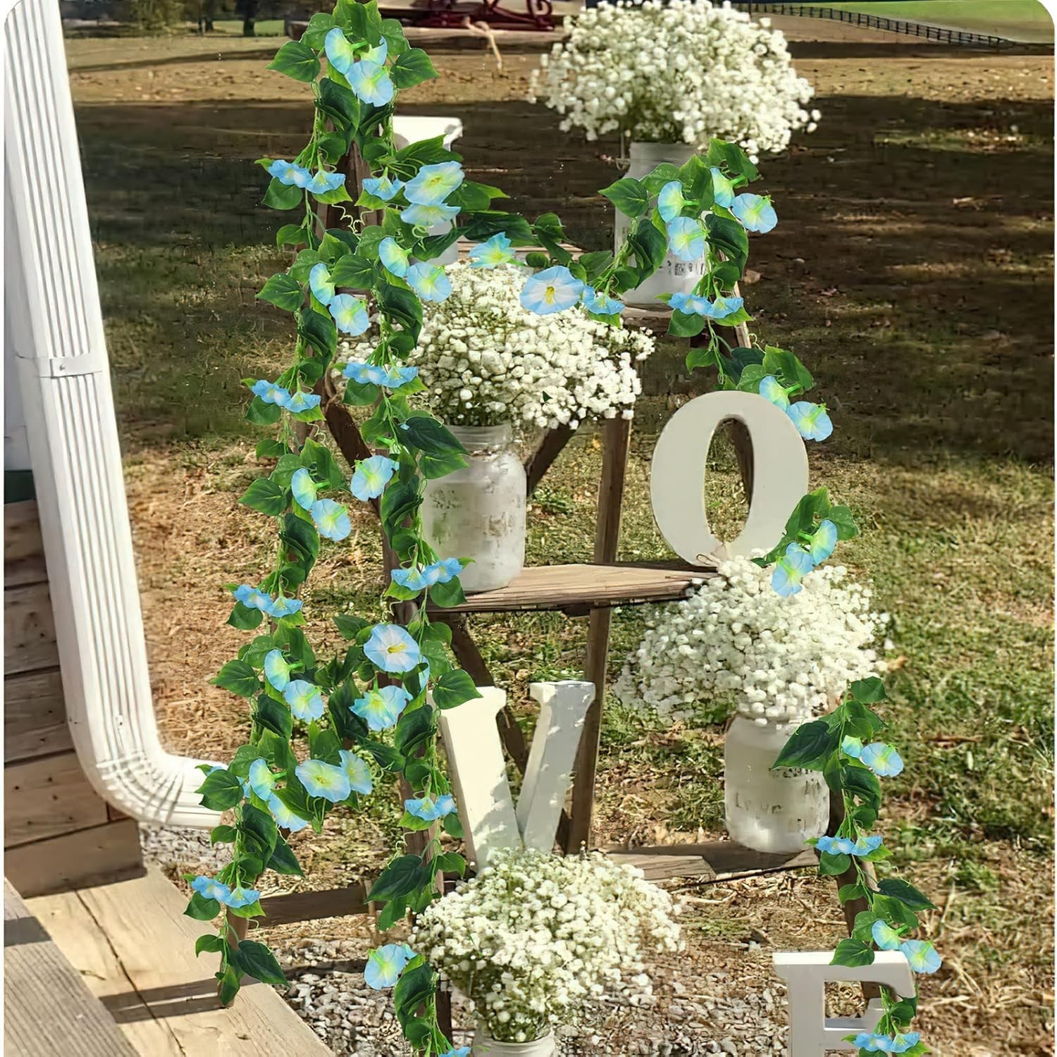 2 Pcs Artificial Vines for Outdoors Silk Morning Glory Vines 15Feet Blue