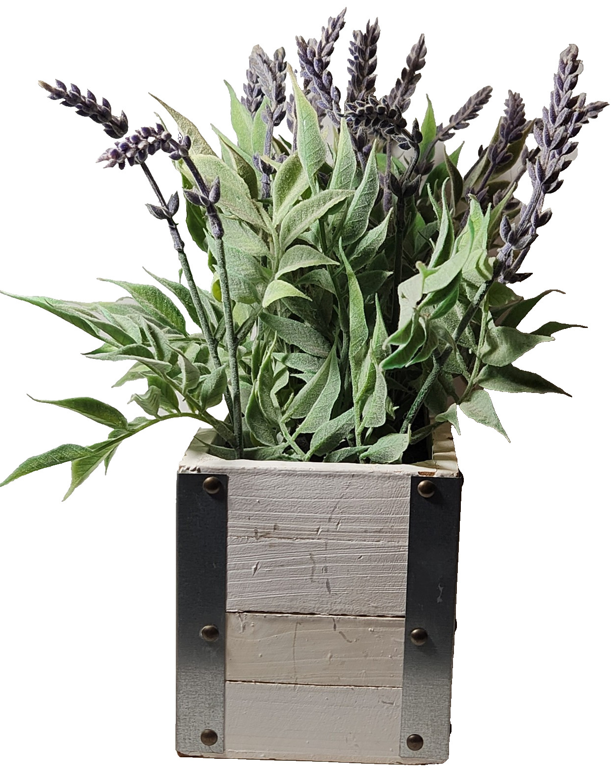 Faux Lavender Arrangment White Rustic Wood Metal Planter Table Shelf Decor 15″