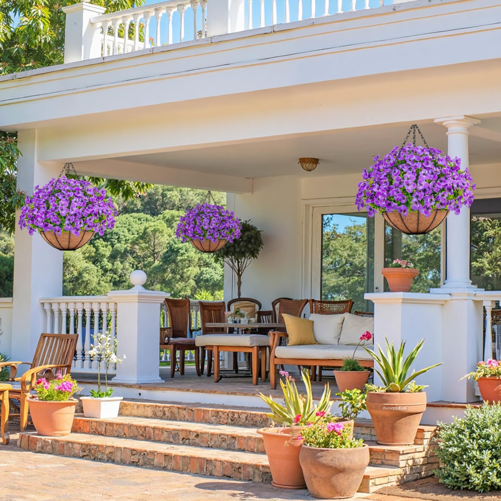 Artificial Hanging Pansy Flowers with Baskets for Outdoors, Purple