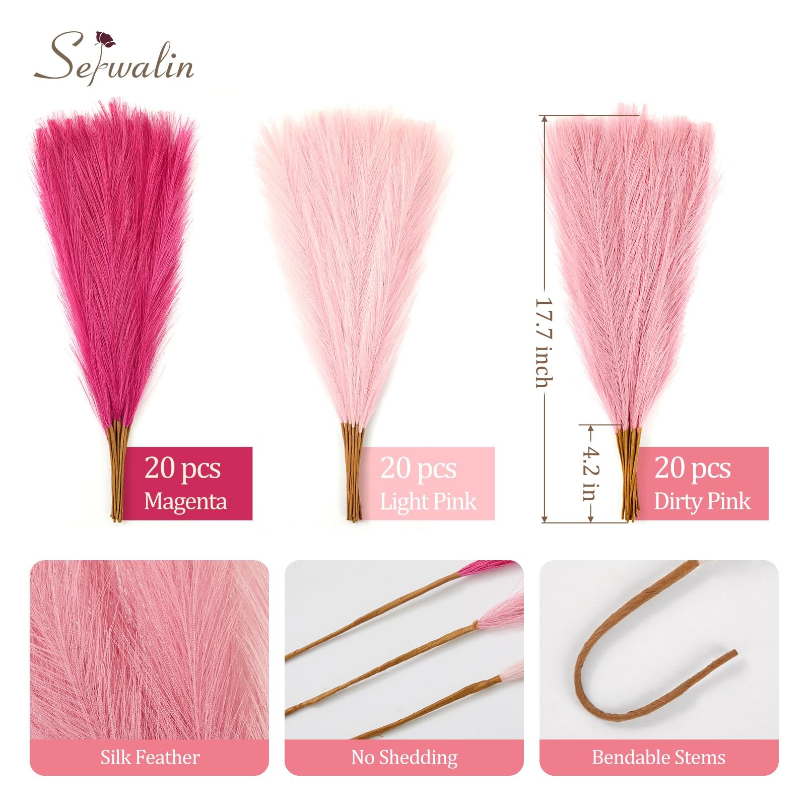 60Pcs Hot Pink & Blush & Pink Pampas Grass Decor, 17.7” Faux Pampas Grass, A…