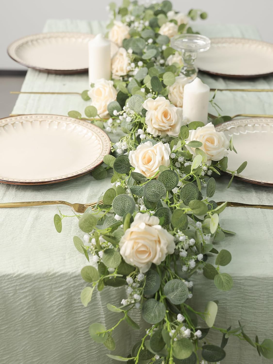 5.91FT Artificial Eucalyptus Garland with Flowers, Fake Flower Rose Gypsophila,