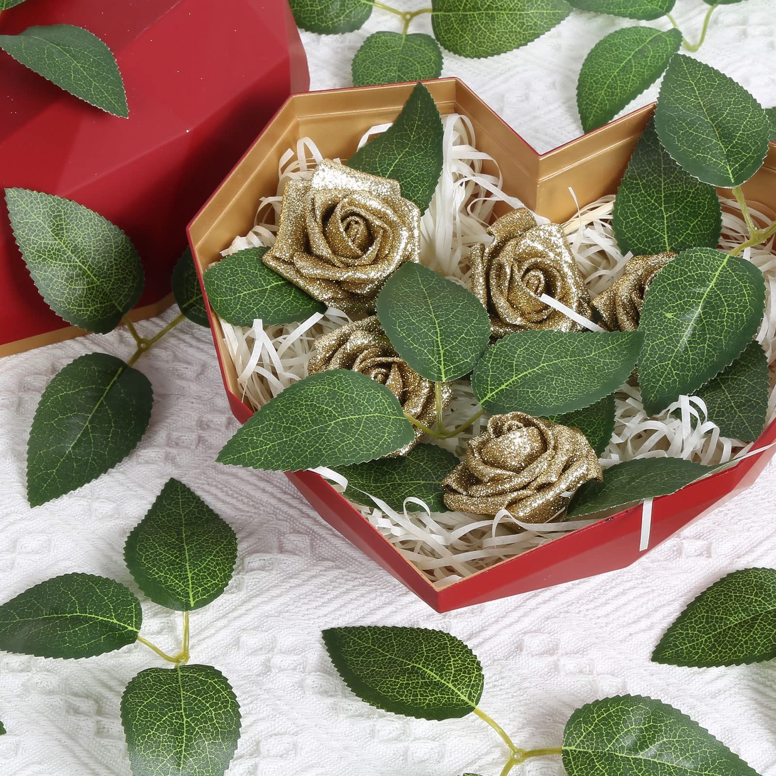 Artificial Rose Leaves, 100pcs Fake Green Leaves Bulk Silk Leaves with Stems …
