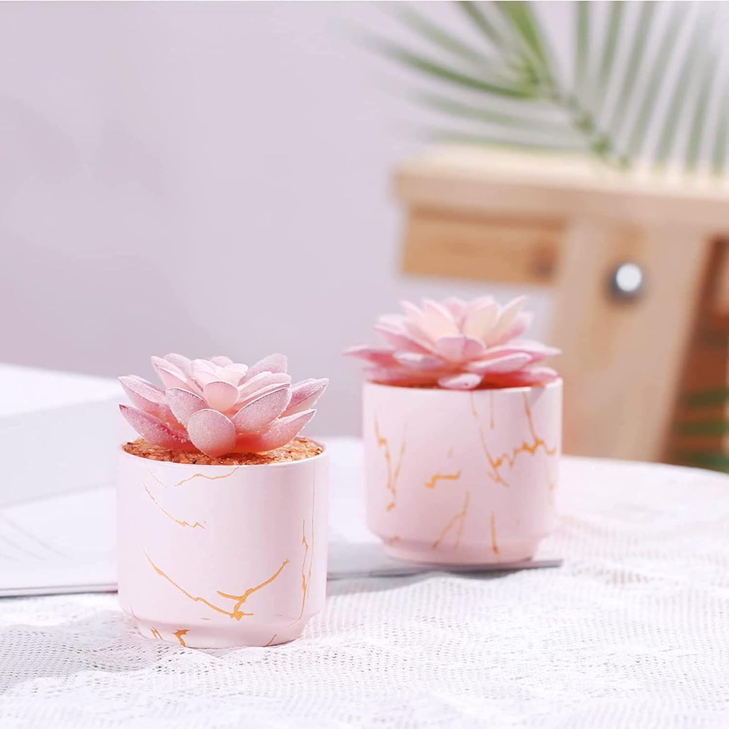 Succulent Artificial Plants,Cute Fake Succulents in 2 Pink Ceramic Pots,Small Fa