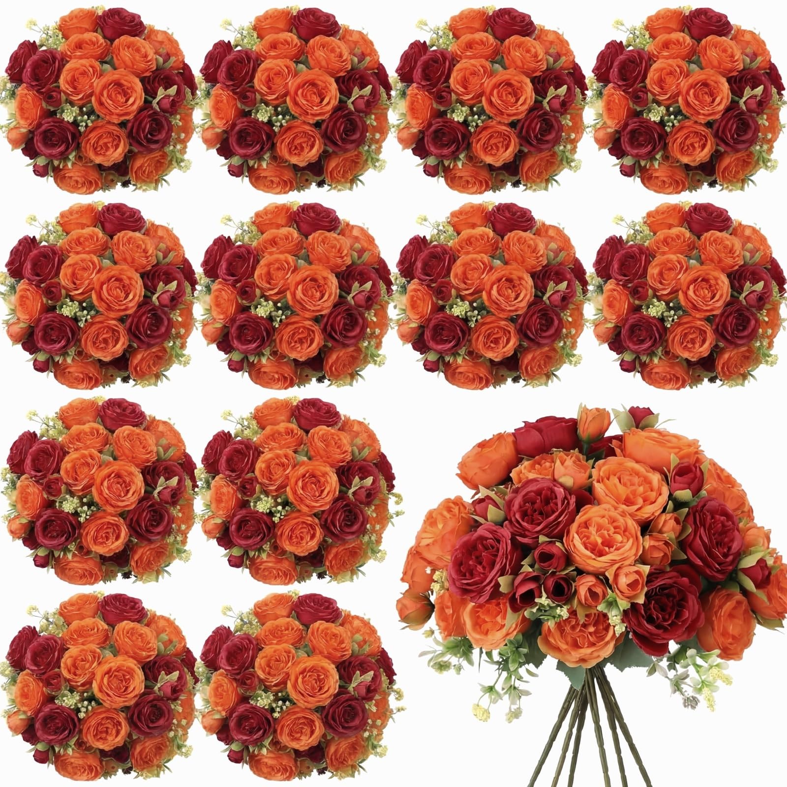 16 PCS Orange Artificial Peonies Flowers Silk Bouquet Faux Floral Arrangement