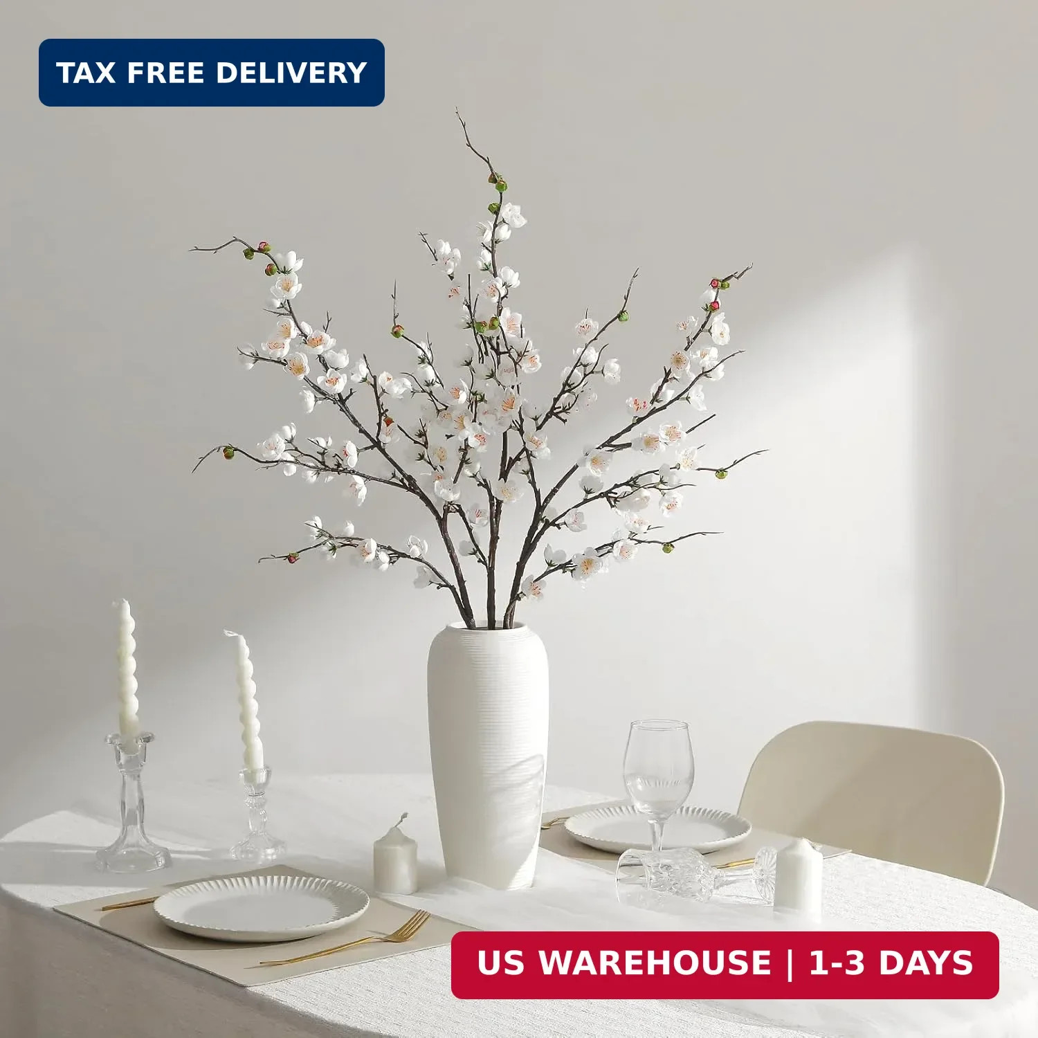 Artificial White Cherry Blossom Branches 3Pcs 37.8″ Faux Silk Cherry Blossom, Fa