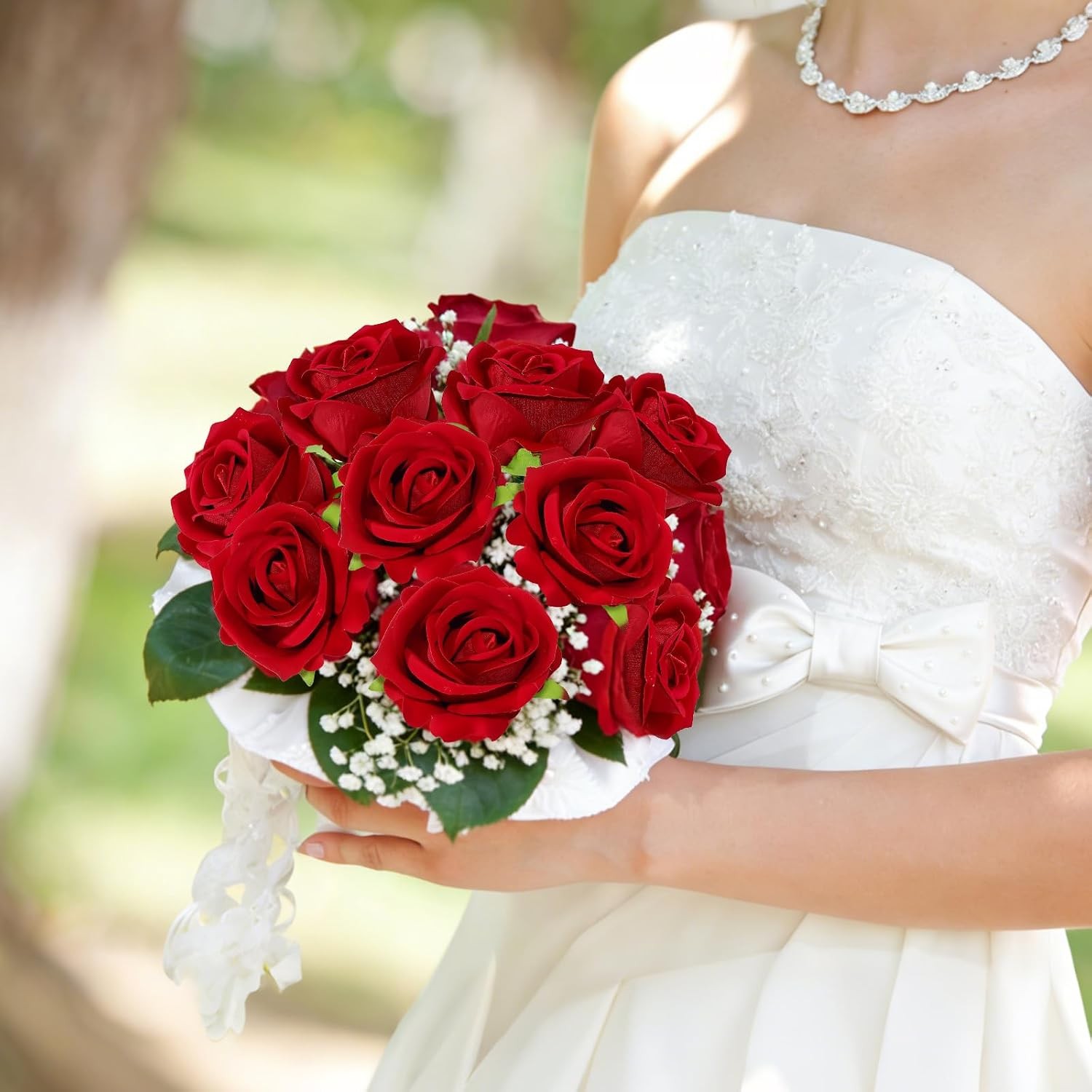 12 Pcs Red Roses Artificial Flowers, Real Touch Fake Velvet Flowers with Stems