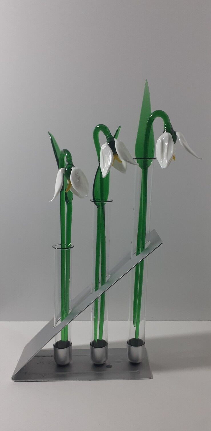 Art Glass Snowdrops Flowers Sculptures with Green Leaves & Tube Vase Home Decor