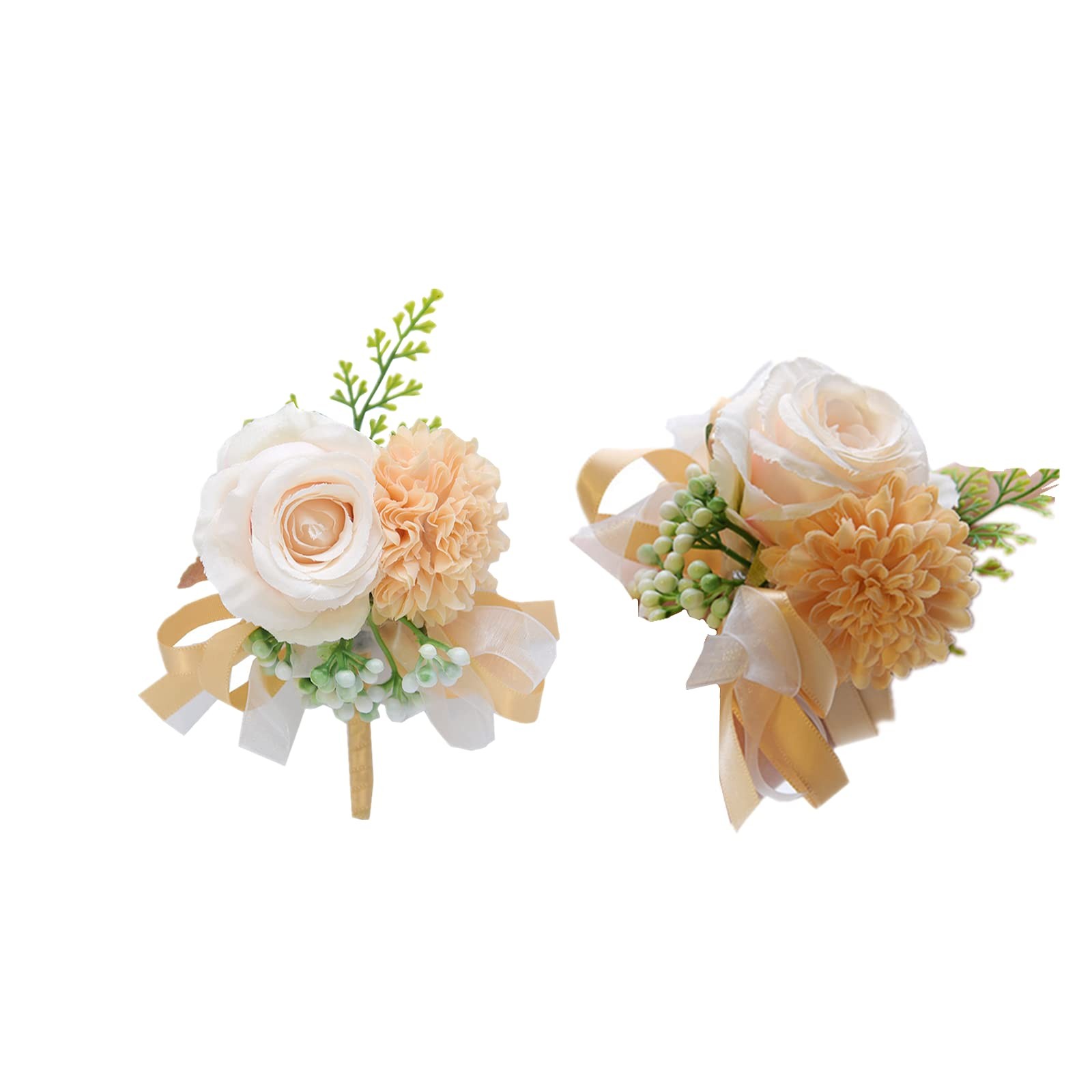 2 Pack Champagne Flower Wrist Corsage Boutonniere Set,3″ Artificial Rose Carn…