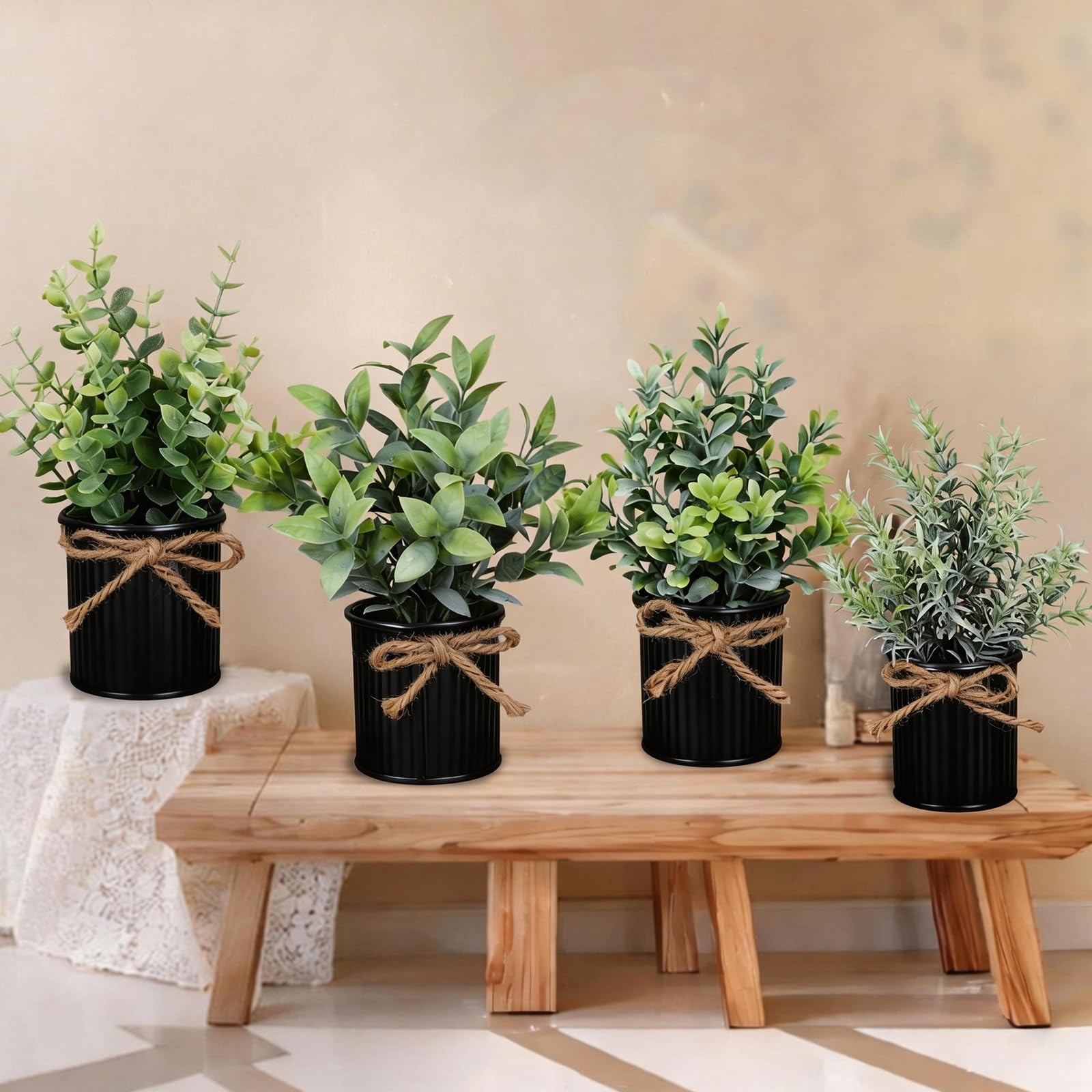 4 Potted Artificial Plants Metal Fake Potted Plant with Iron Pot Mini Greener…