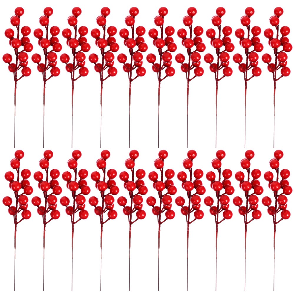20Pcs Artificial Flower Ornaments Red Berry Branches for Xmas Banquet Decoration
