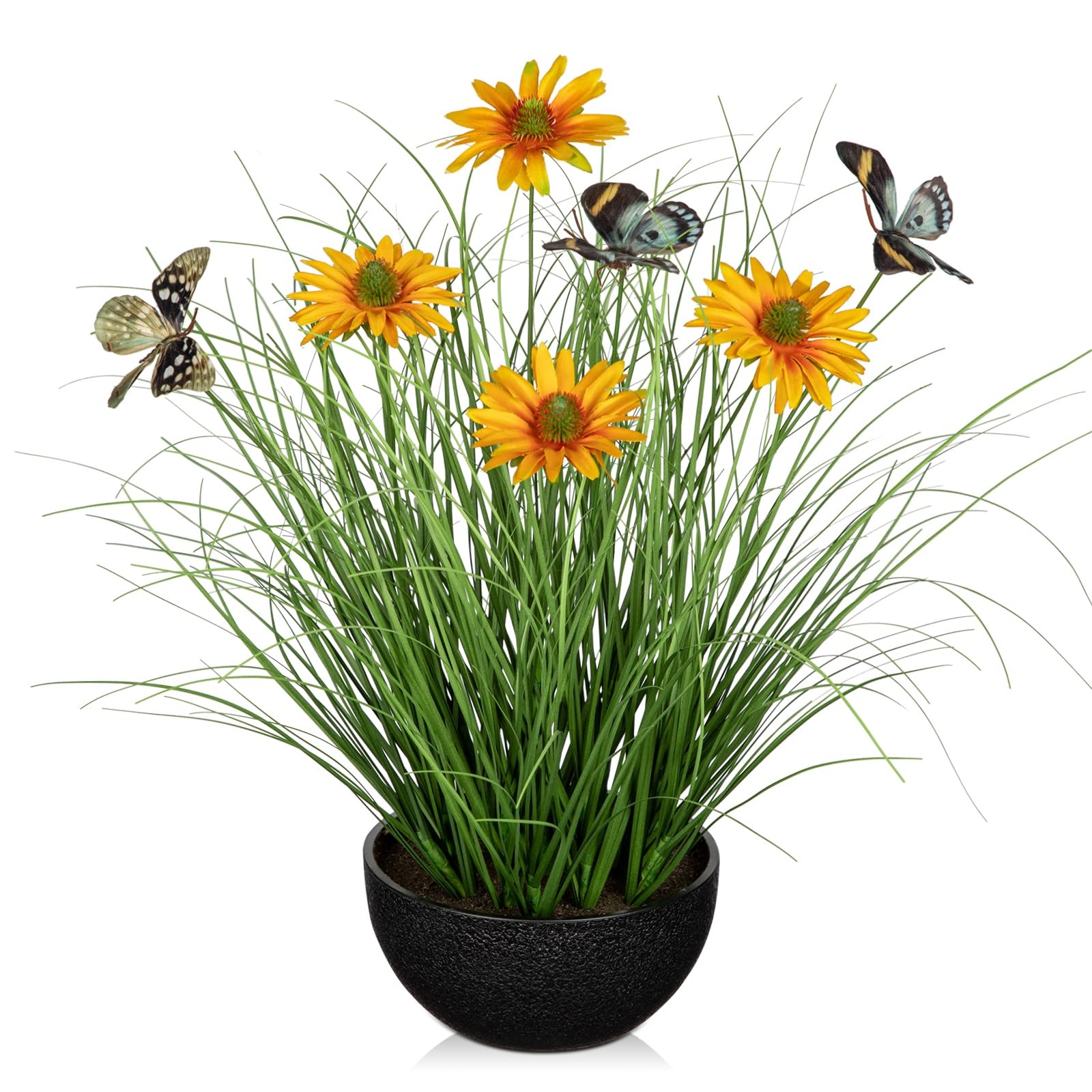 1 PCS 17.3 Inch Artificial Potted Plants Onion Grass Yellow Daisies Butterflies