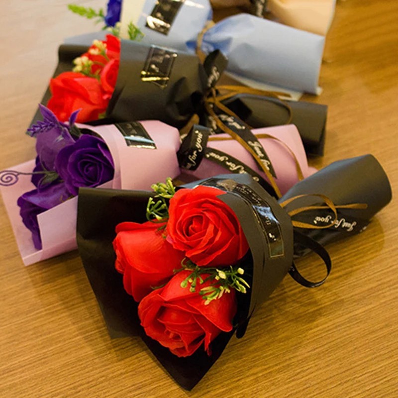 Valentine Rose Soap Flower Bouquet Gift Box with Teddy Bear Romantic Home Decor