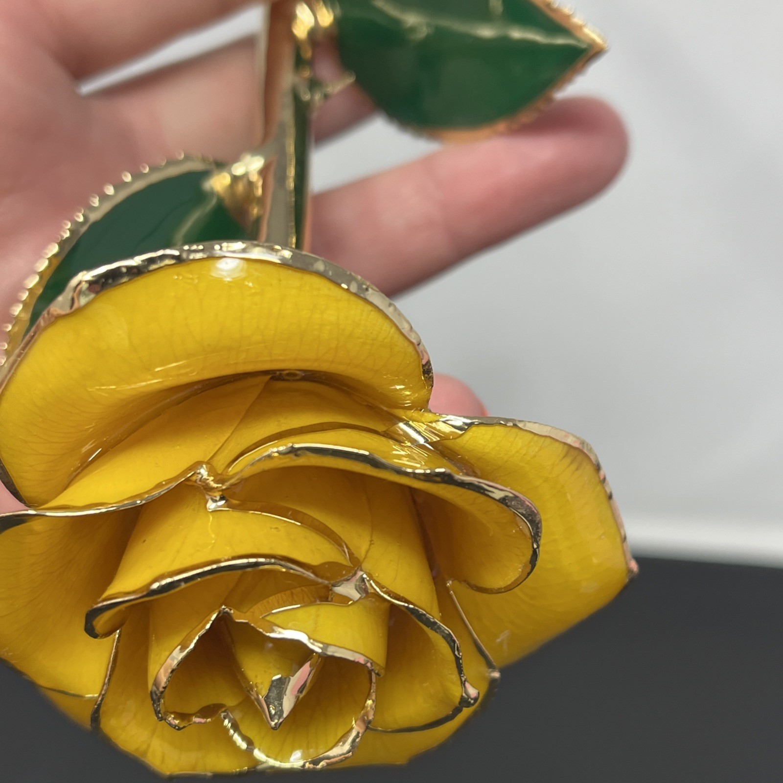 Handcrafted Preserved Yellow Rose Gloss Laquered With 24K Gold Plated Trimmed