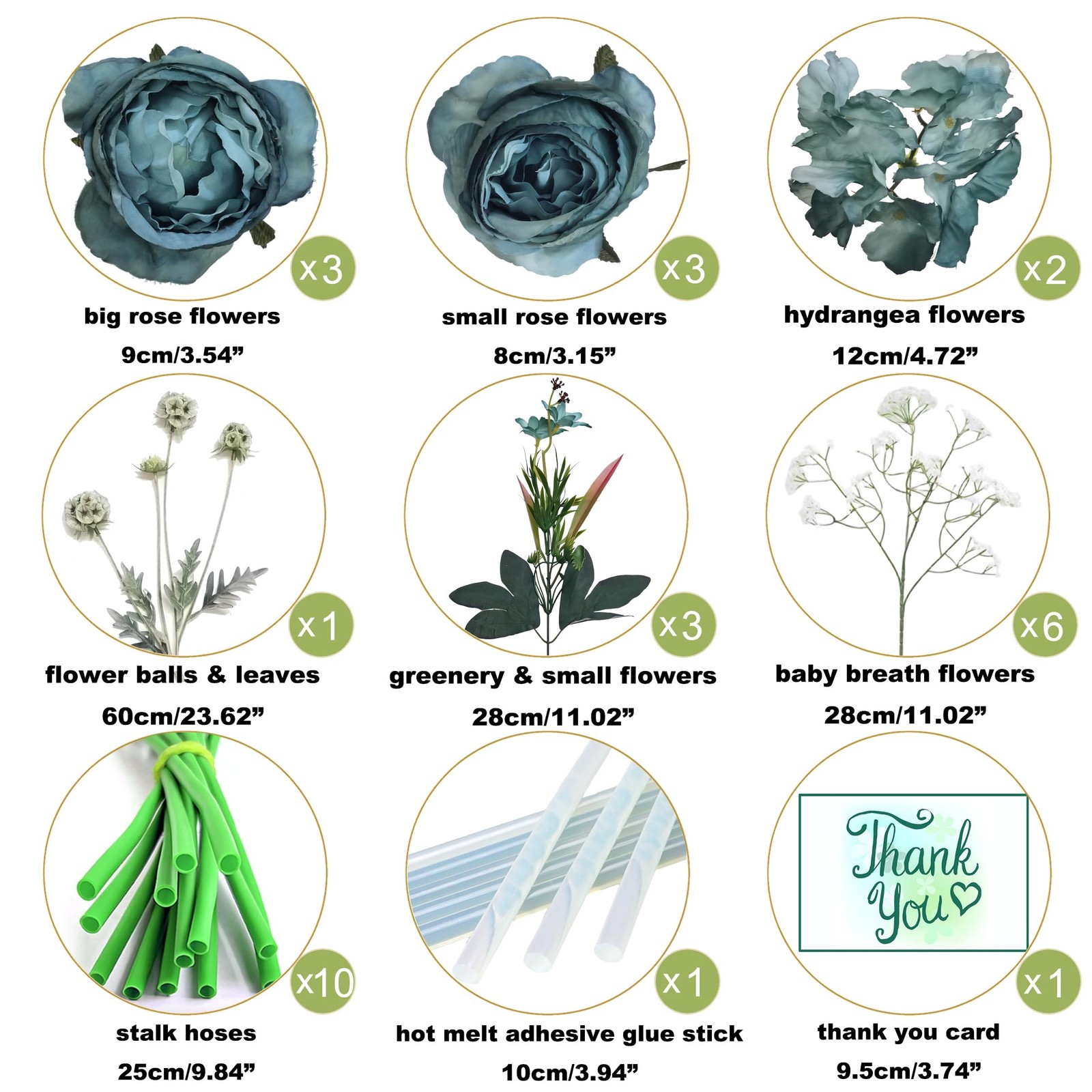 Turquoise Teal Blue Artificial Silk Rose Bouquet White Baby Breath Mixed