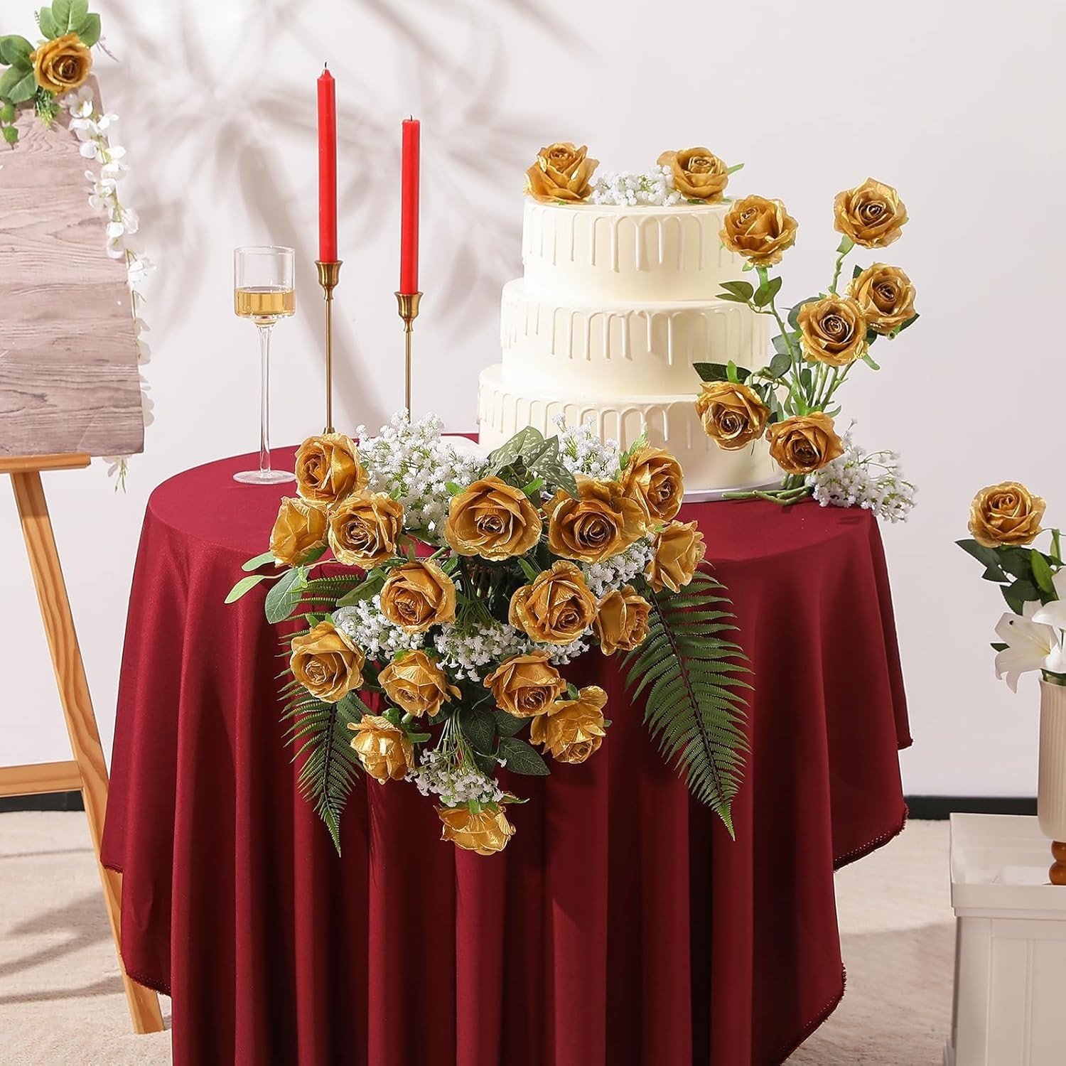 Lifelike Artificial Roses – 12pcs Long Stem Bouquet Gold