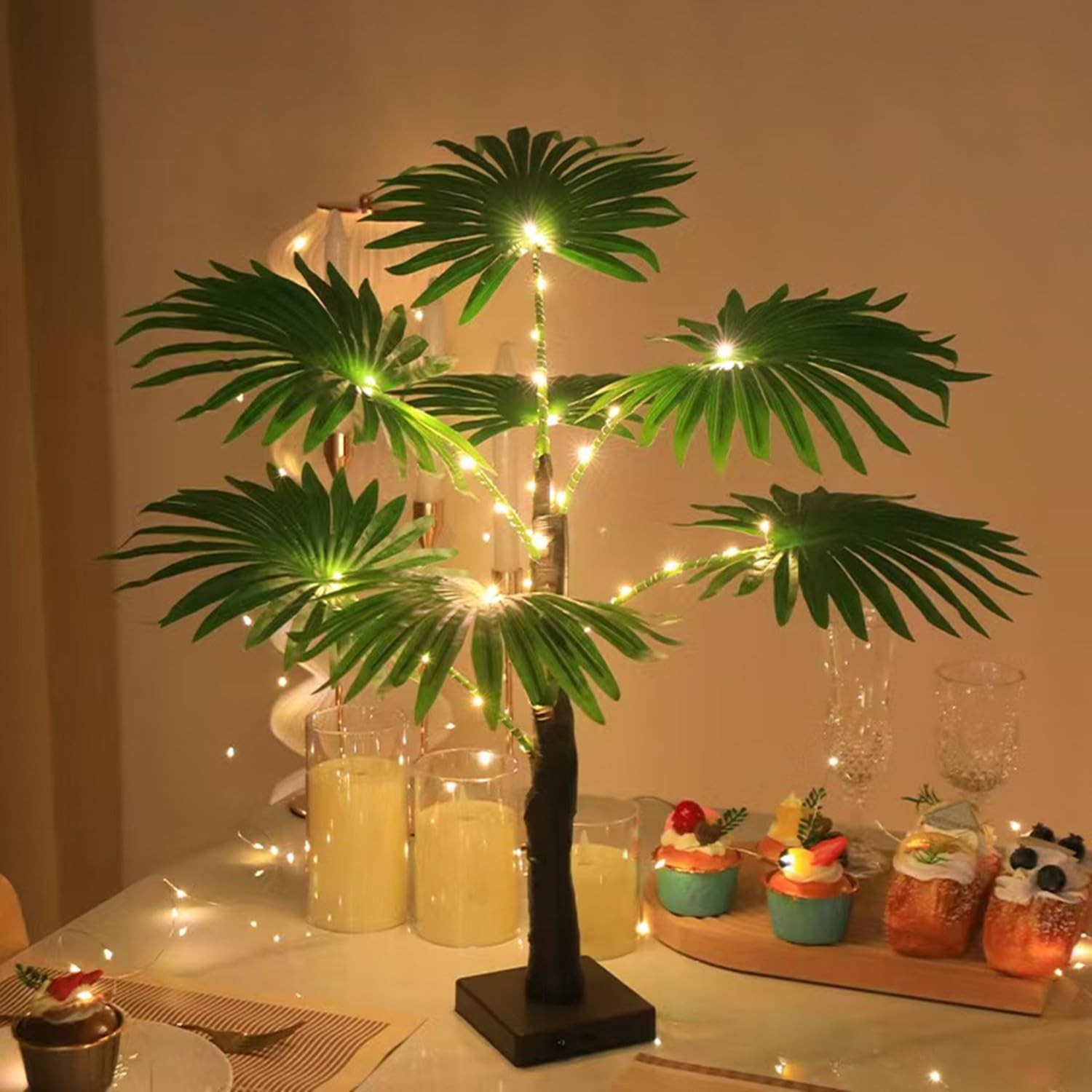 LED Artificial Palm Tree Lights Decorative Table Lamps 3xAA Battery or USB Po…