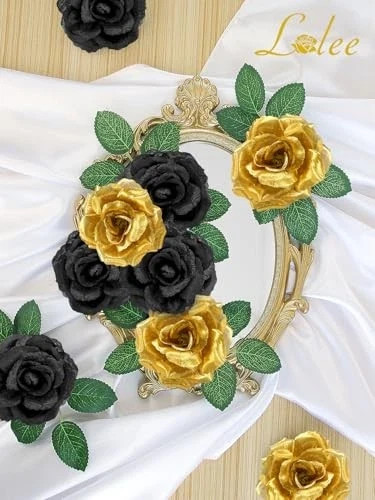 108pcs Roses Head Flowers with Stem – Black & Gold Graduation Black-gold
