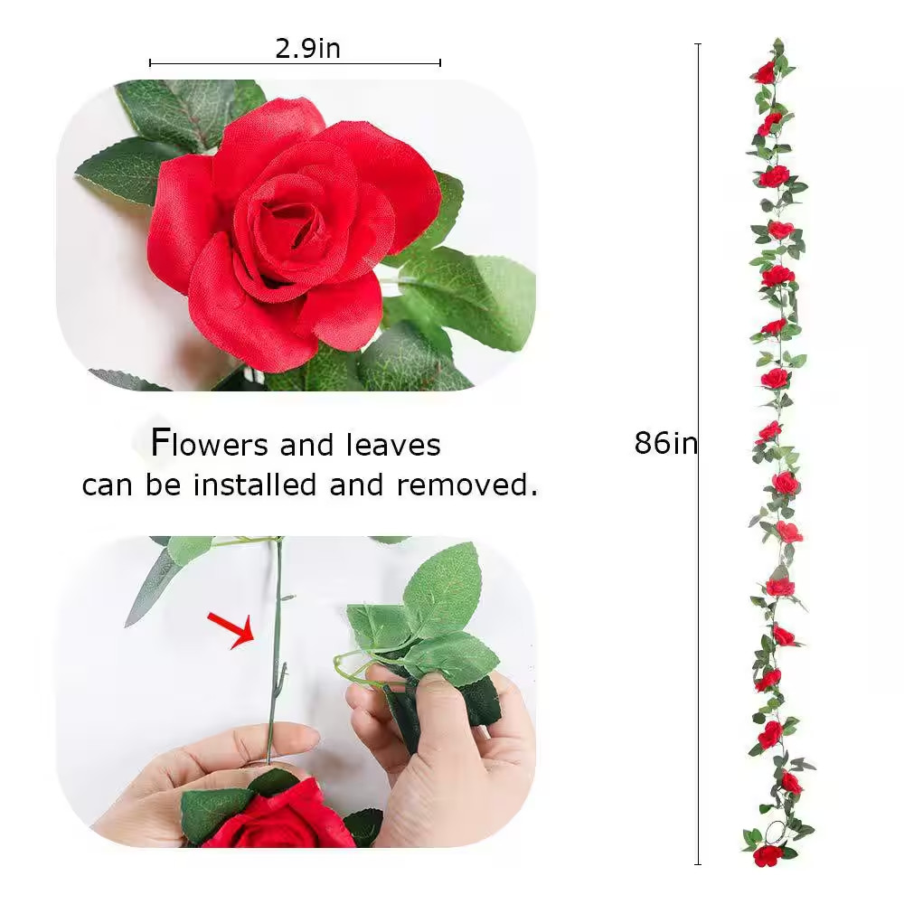 4.72 In. Red Artificial Rose Vine Silk Flower Garland 4-Pieces with Greenery Pla