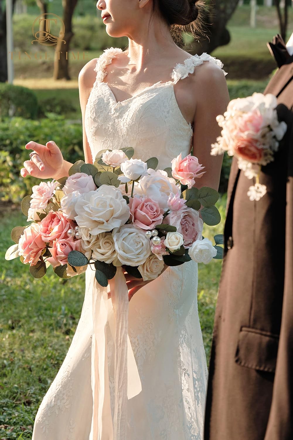 11 Inch Wedding Bouquets for Bride，Champange&Pink Artificial Flowers Bouquet，…